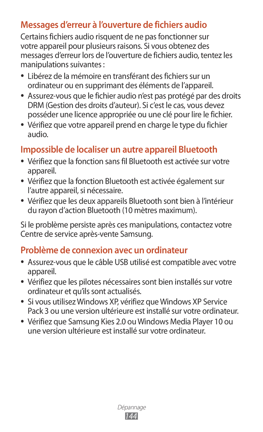 Samsung GT-P3100TSAFTM, GT-P3100TSASFR, GT-P3100ZWEXEF manual Messages d’erreur à l’ouverture de fichiers audio, 144 