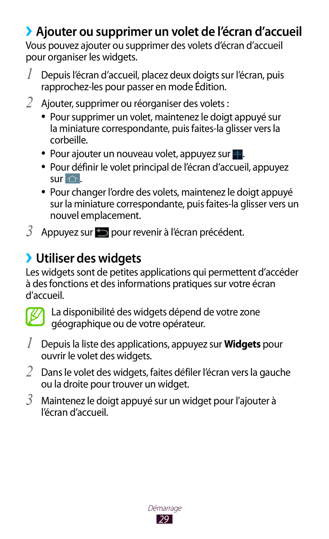 Samsung GT-P3100TSESFR, GT-P3100TSASFR manual ››Utiliser des widgets, ››Ajouter ou supprimer un volet de l’écran d’accueil 