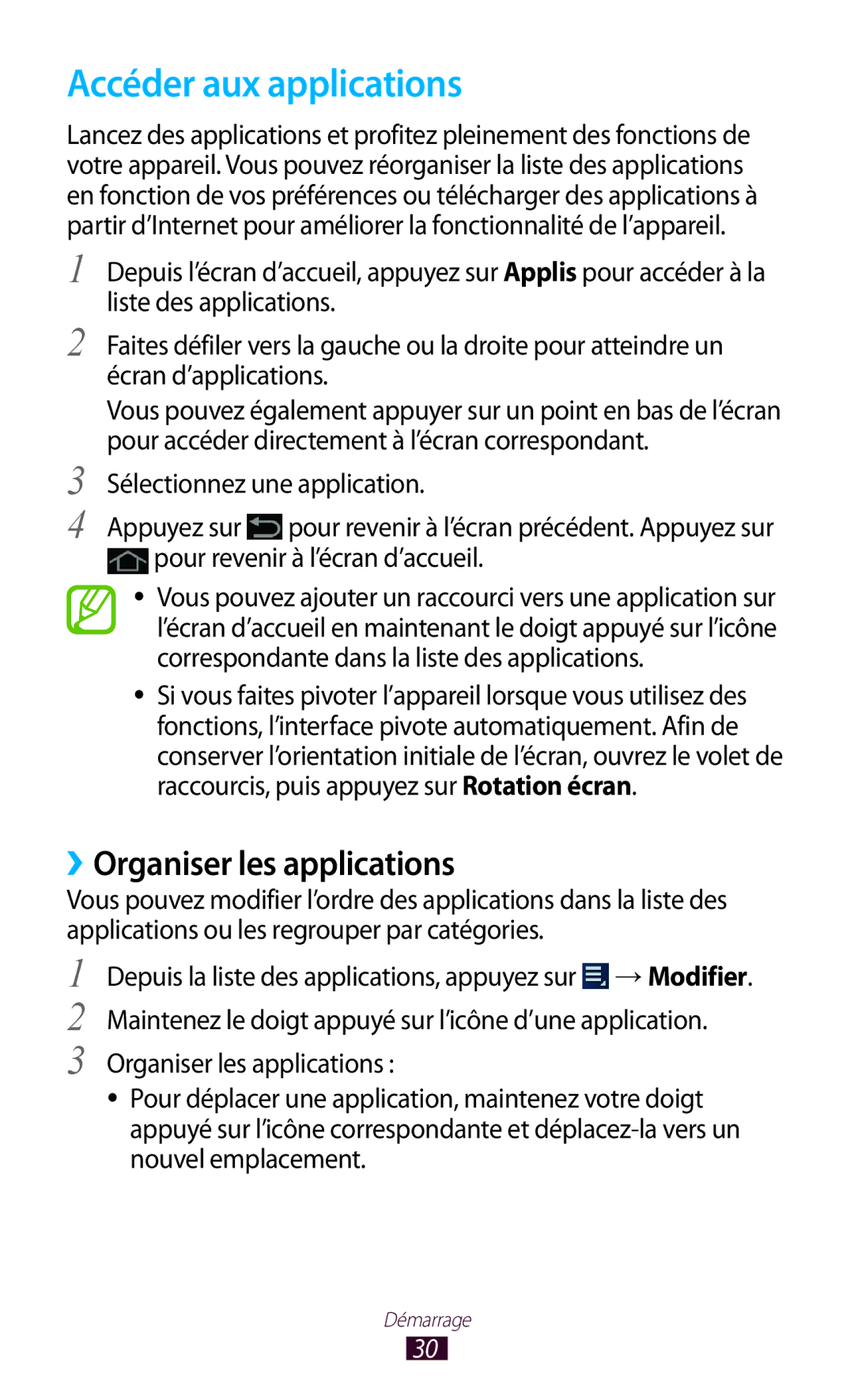 Samsung GT-P3100TSABOG manual Accéder aux applications, ››Organiser les applications, Sélectionnez une application 