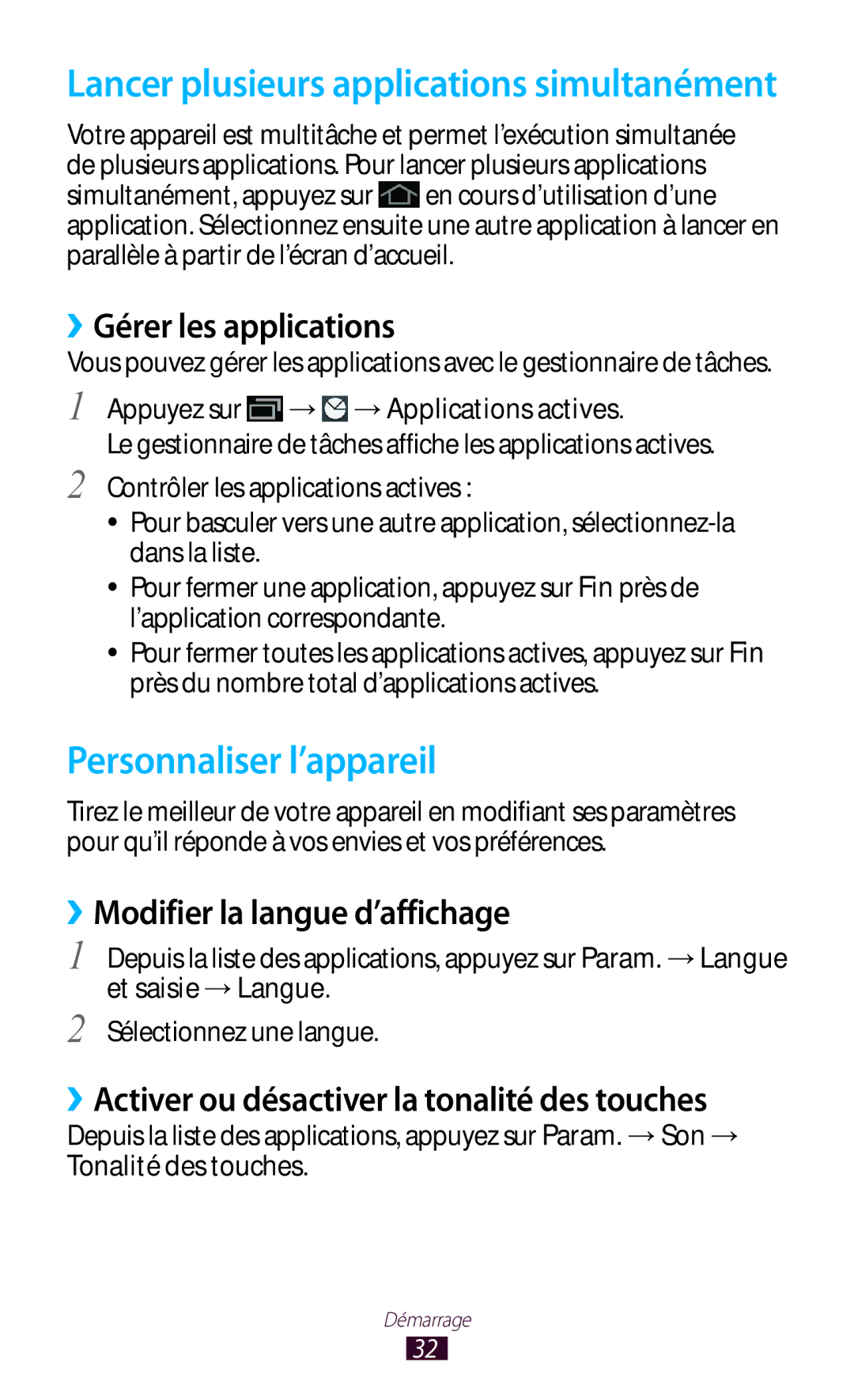 Samsung GT-P3100TSAXEF manual Personnaliser l’appareil, ››Gérer les applications, ››Modifier la langue d’affichage 