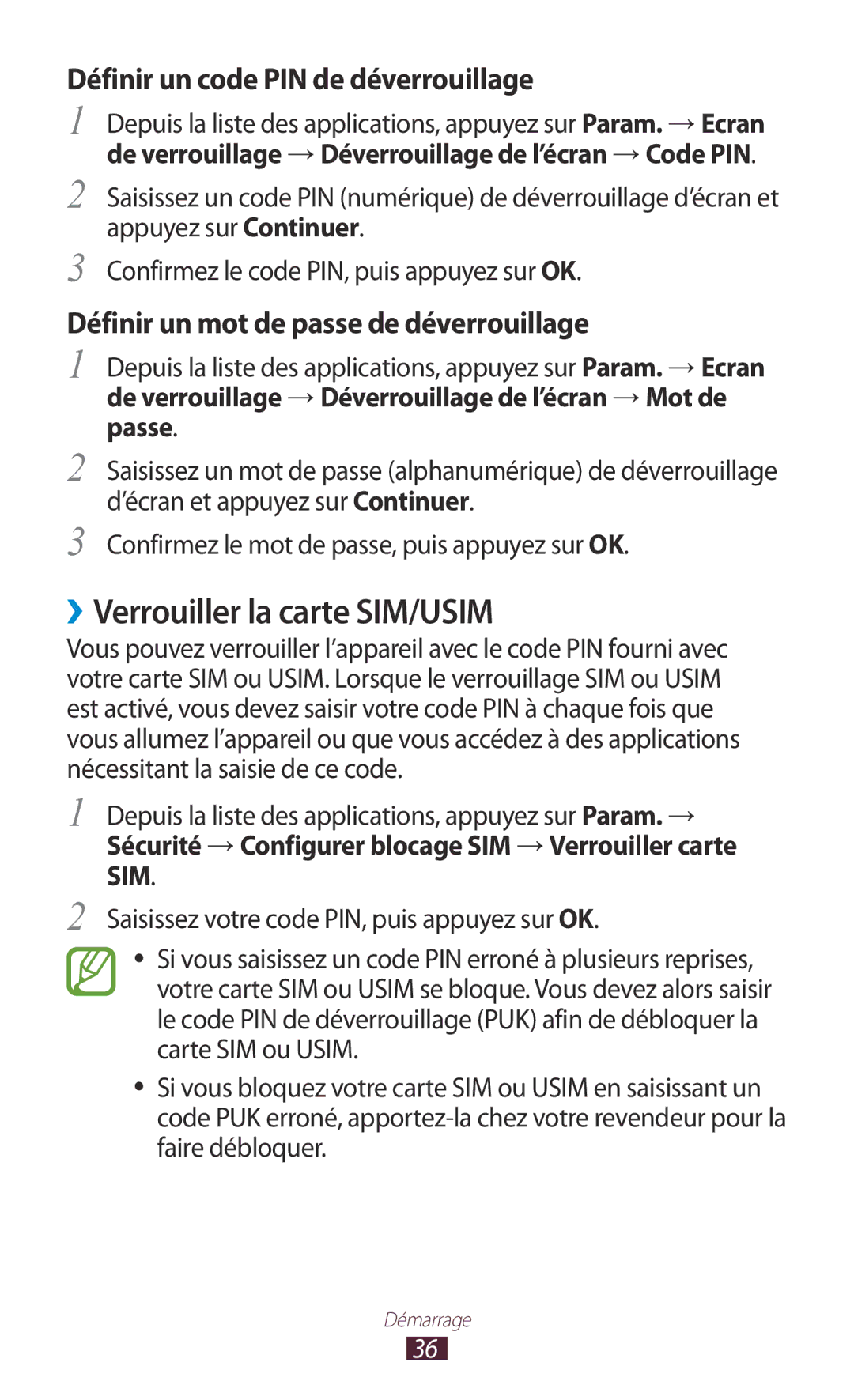 Samsung GT-P3100ZWAFTM manual ››Verrouiller la carte SIM/USIM, De verrouillage → Déverrouillage de l’écran → Mot de passe 