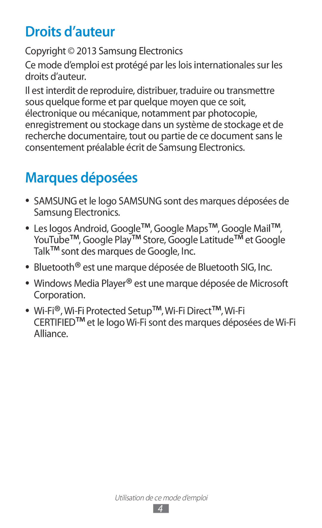 Samsung GT-P3100TSABOG, GT-P3100TSASFR, GT-P3100TSAFTM, GT-P3100ZWEXEF, GT-P3100TSESFR manual Droits d’auteur, Marques déposées 