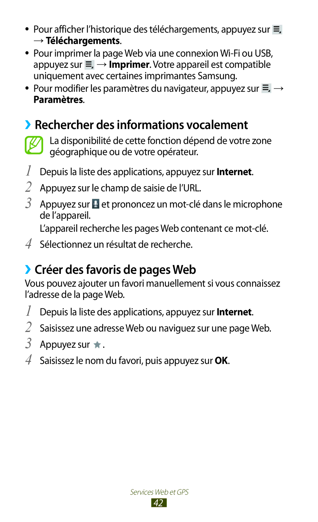 Samsung GT-P3100TSESFR manual ››Rechercher des informations vocalement, ››Créer des favoris de pages Web, → Téléchargements 