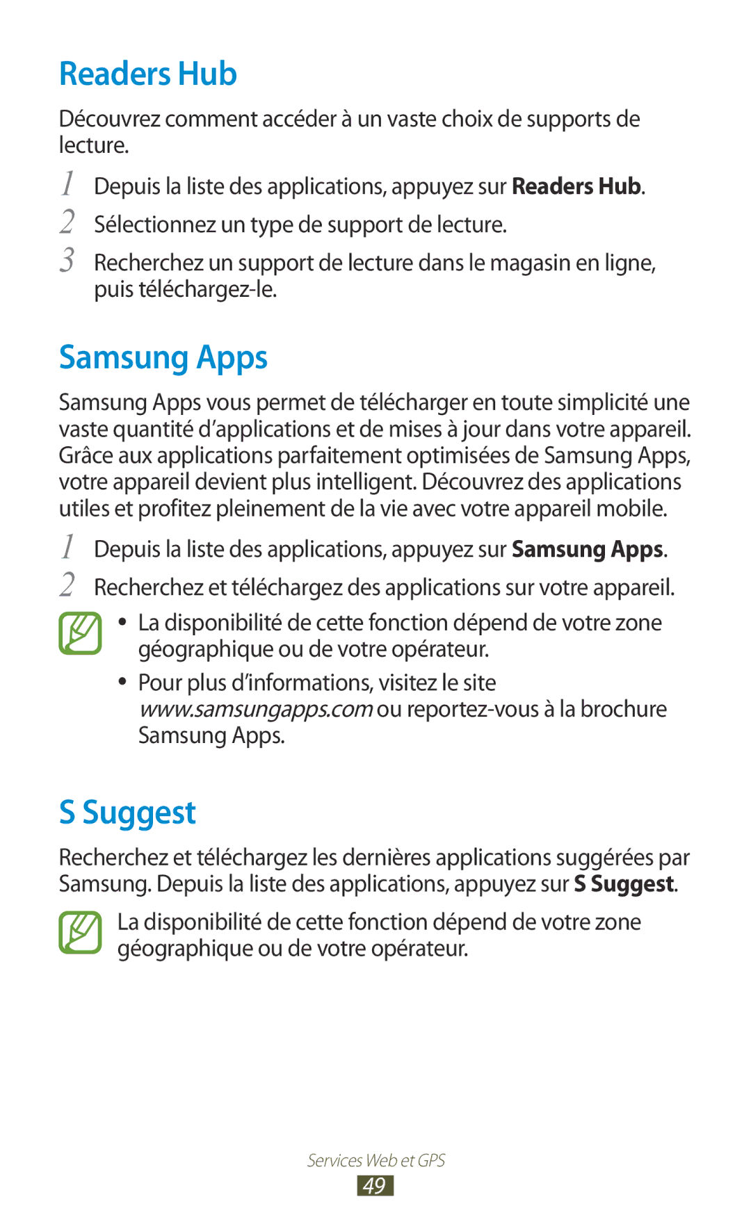 Samsung GT-P3100ZWAFTM, GT-P3100TSASFR, GT-P3100TSAFTM, GT-P3100ZWEXEF, GT-P3100TSESFR Readers Hub, Samsung Apps, Suggest 