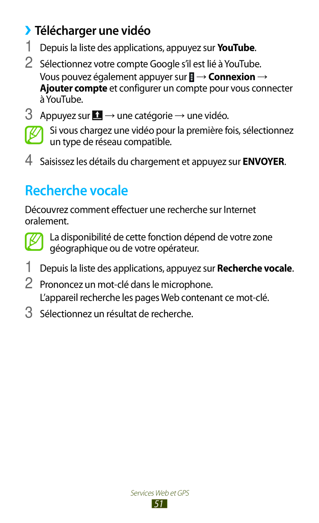 Samsung GT-P3100TSEXEF, GT-P3100TSASFR, GT-P3100TSAFTM, GT-P3100ZWEXEF manual Recherche vocale, ››Télécharger une vidéo 