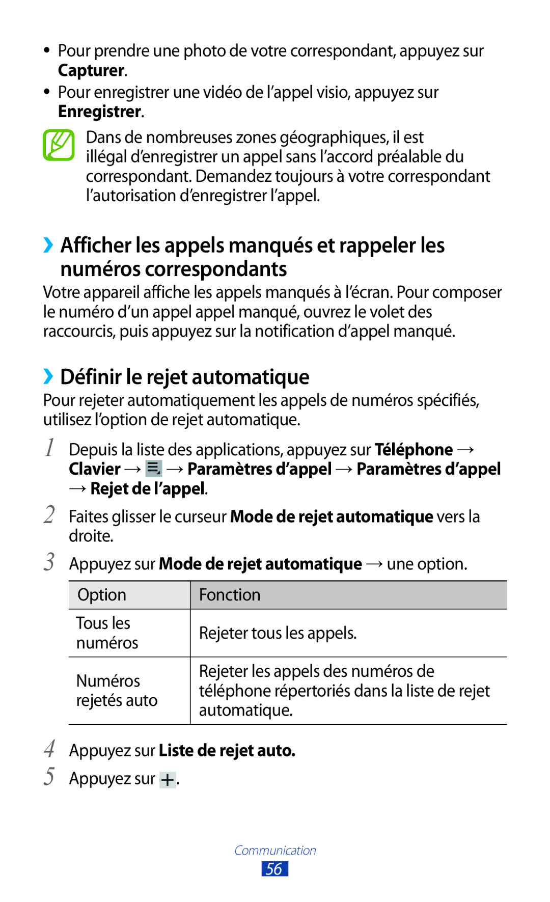 Samsung GT-P3100TSABOG, GT-P3100TSASFR ››Définir le rejet automatique, → Rejet de l’appel, Appuyez sur Liste de rejet auto 