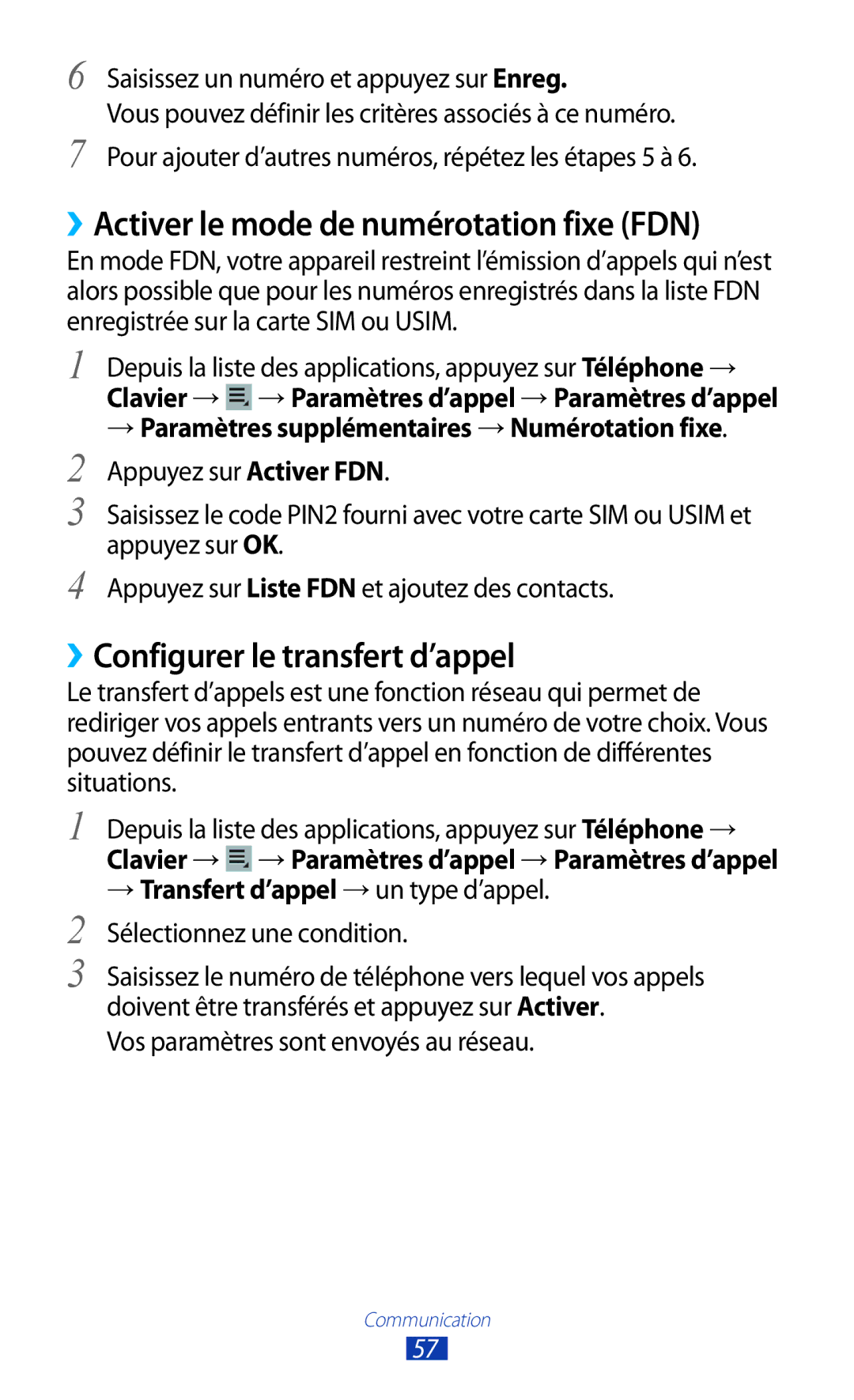 Samsung GT-P3100ZWASFR, GT-P3100TSASFR manual ››Activer le mode de numérotation fixe FDN, ››Configurer le transfert d’appel 