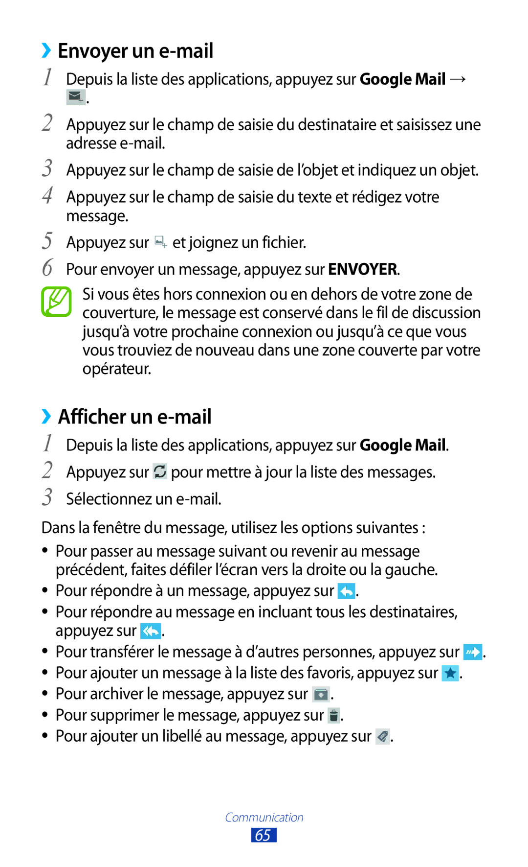 Samsung GT-P3100TSASFR manual ››Envoyer un e-mail, ››Afficher un e-mail, Pour ajouter un libellé au message, appuyez sur 