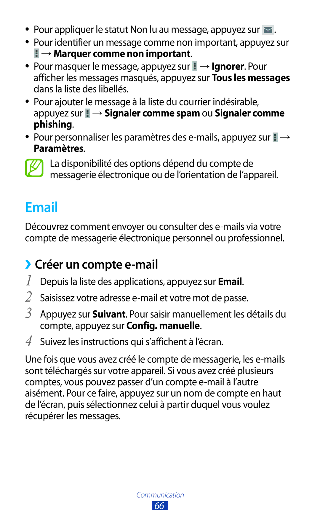 Samsung GT-P3100TSAFTM, GT-P3100TSASFR ››Créer un compte e-mail, Pour appliquer le statut Non lu au message, appuyez sur 