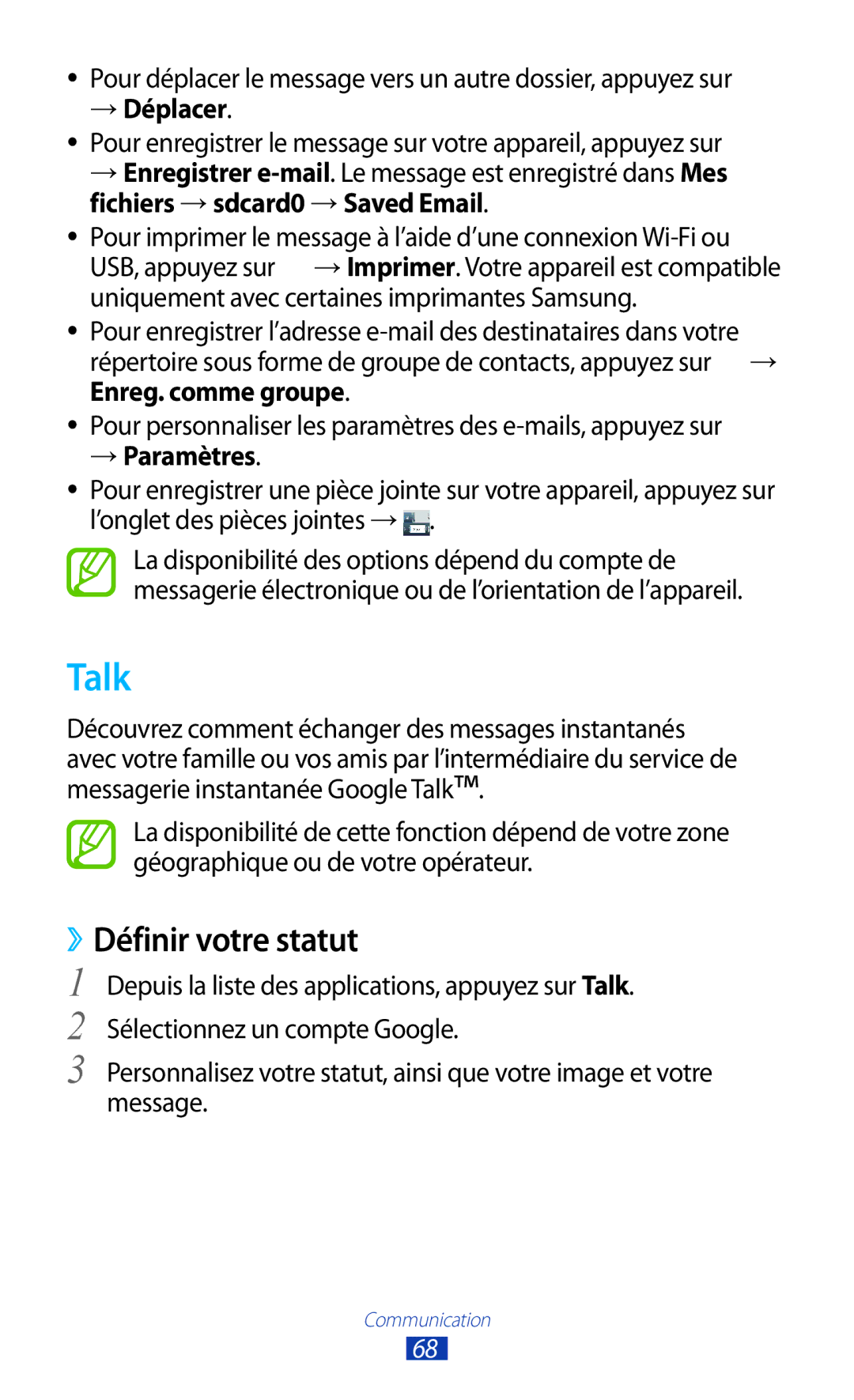 Samsung GT-P3100TSESFR manual Talk, ››Définir votre statut, Pour déplacer le message vers un autre dossier, appuyez sur 
