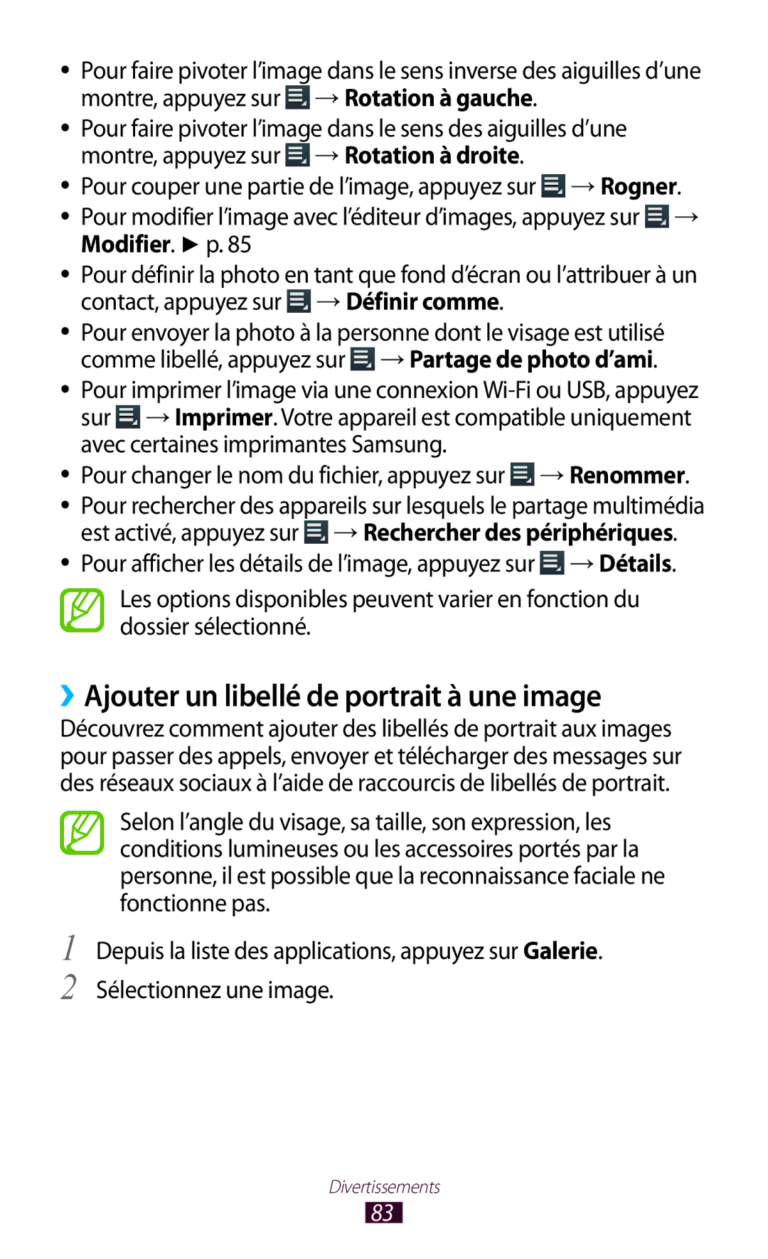 Samsung GT-P3100ZWASFR, GT-P3100TSASFR, GT-P3100TSAFTM manual ››Ajouter un libellé de portrait à une image, Modifier. p 