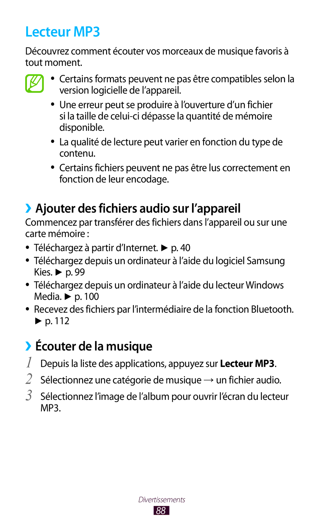 Samsung GT-P3100ZWAFTM, GT-P3100TSASFR Lecteur MP3, ››Ajouter des fichiers audio sur l’appareil, ››Écouter de la musique 