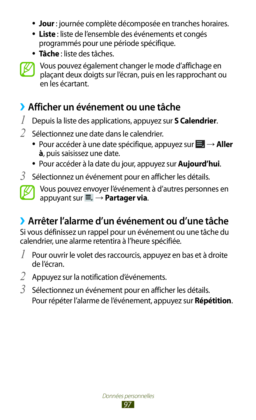 Samsung GT-P3100TSAXEF manual ››Afficher un événement ou une tâche, ››Arrêter l’alarme d’un événement ou d’une tâche 