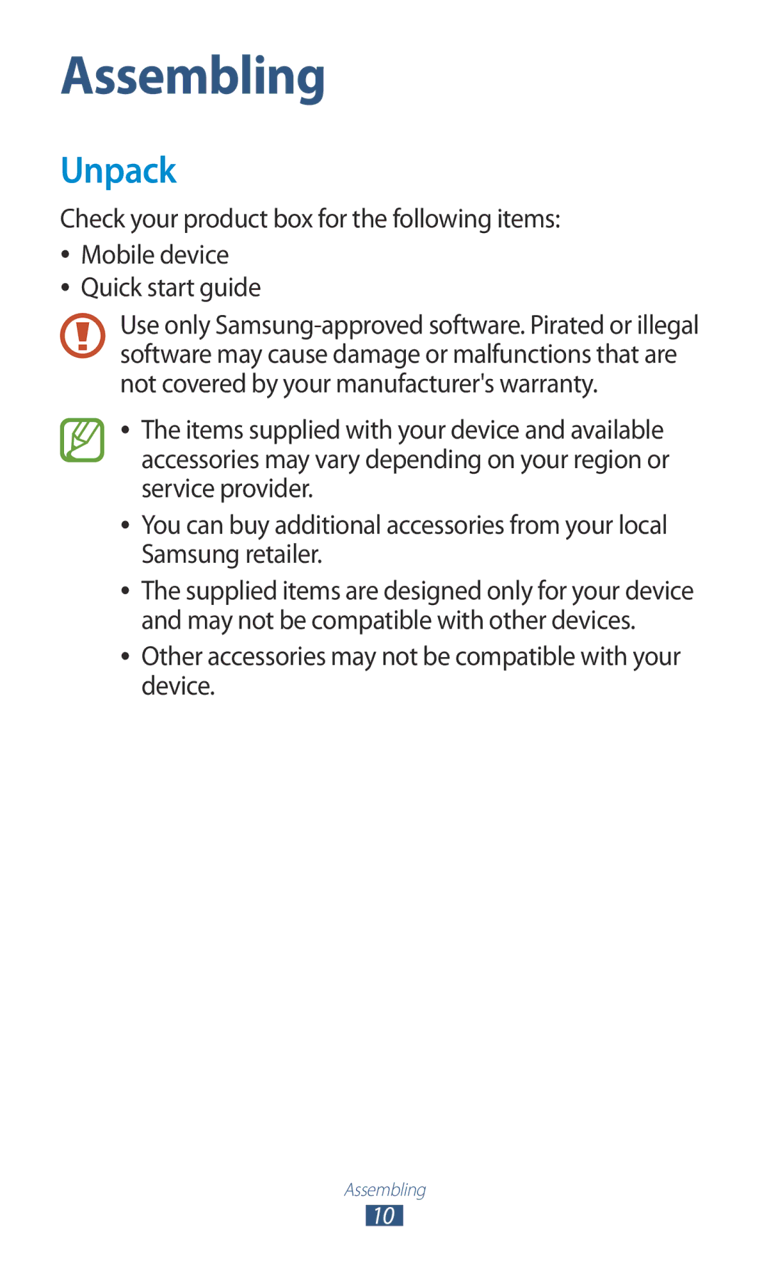 Samsung GT-P3100TSETPH, GT-P3100TSAVD2, GT-P3100ZWAHUI Unpack, Other accessories may not be compatible with your device 