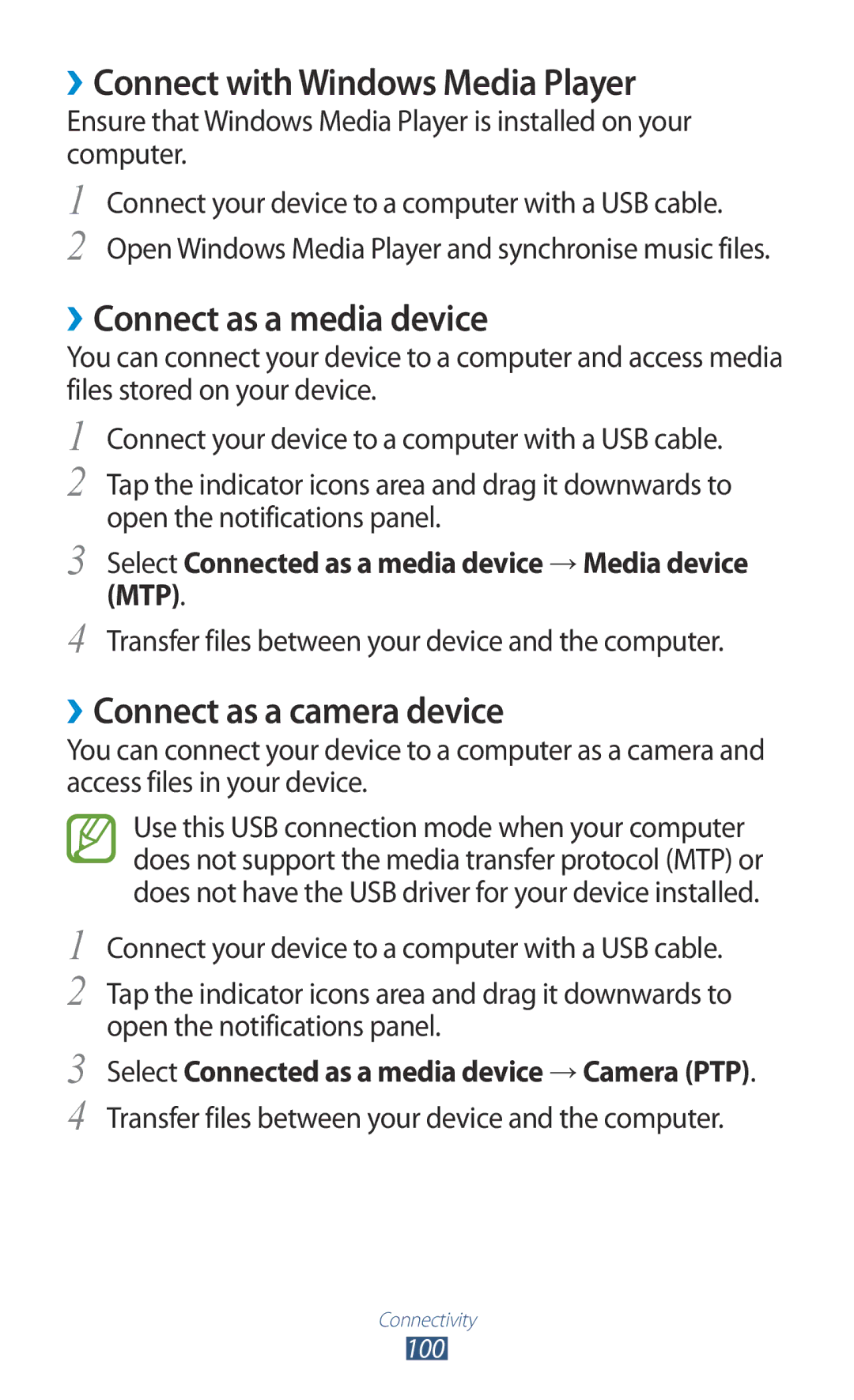 Samsung GT-P3100ZWEVGR ››Connect with Windows Media Player, ››Connect as a media device, ››Connect as a camera device 