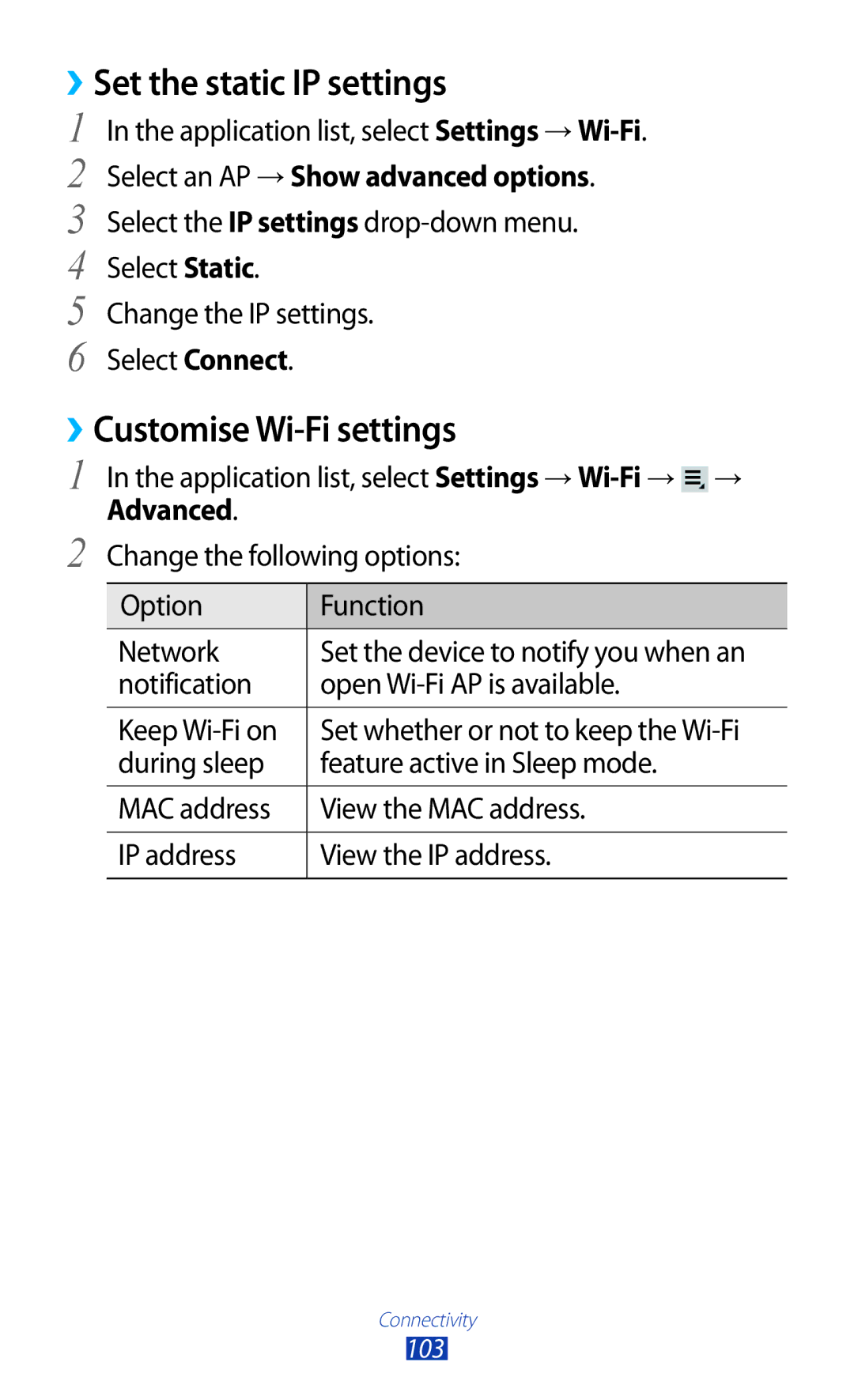 Samsung GT-P3100TSAORS, GT-P3100TSAVD2, GT-P3100ZWAHUI manual ››Set the static IP settings, ››Customise Wi-Fi settings 