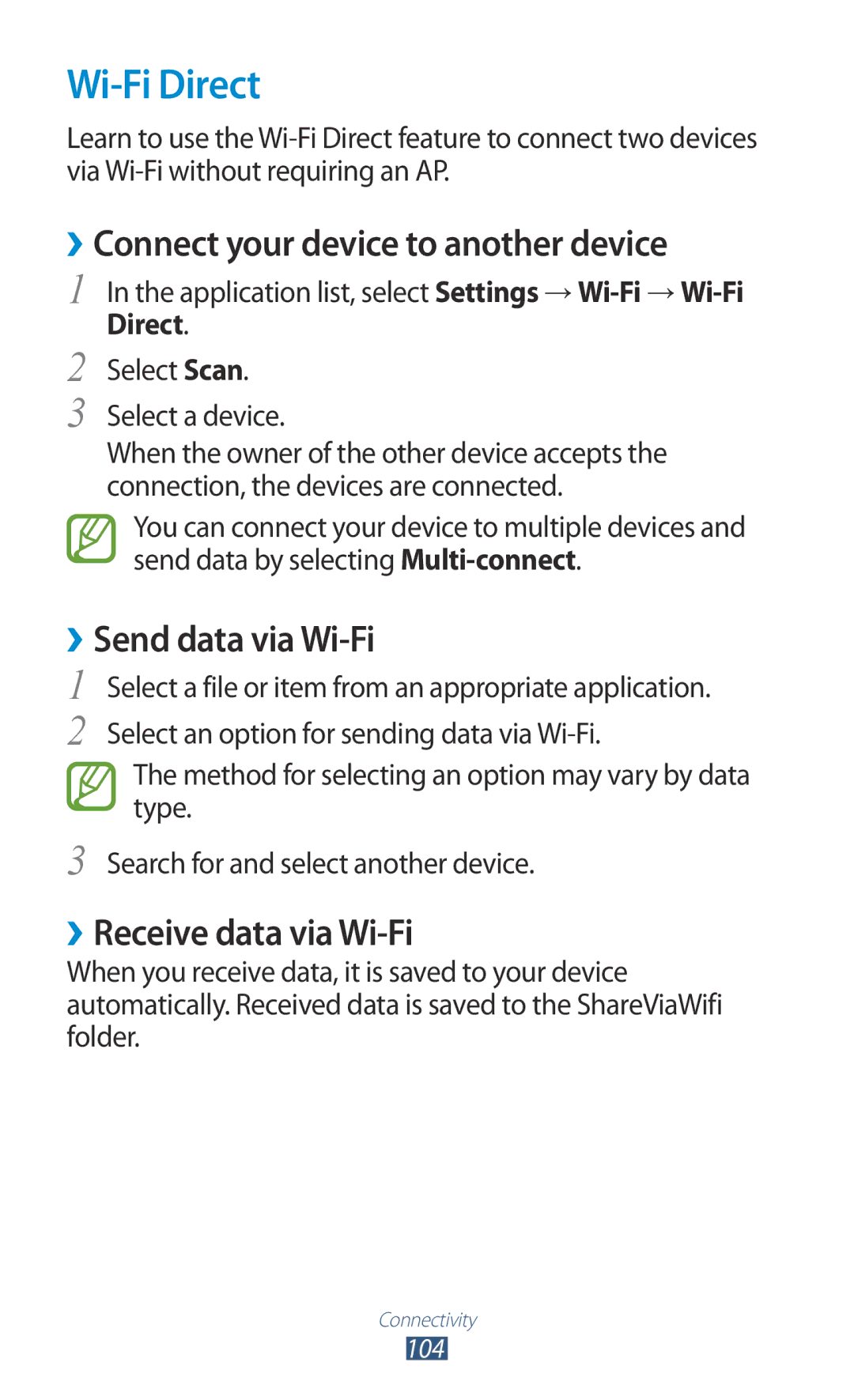 Samsung GT-P3100GRAXEZ, GT-P3100TSAVD2 manual Wi-Fi Direct, ››Connect your device to another device, ››Send data via Wi-Fi 