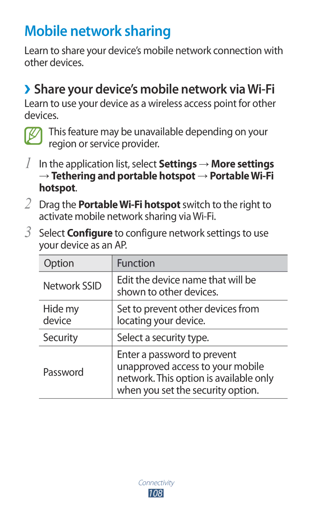 Samsung GT-P3100GRAXSK, GT-P3100TSAVD2 Mobile network sharing, → Tethering and portable hotspot → Portable Wi-Fi hotspot 