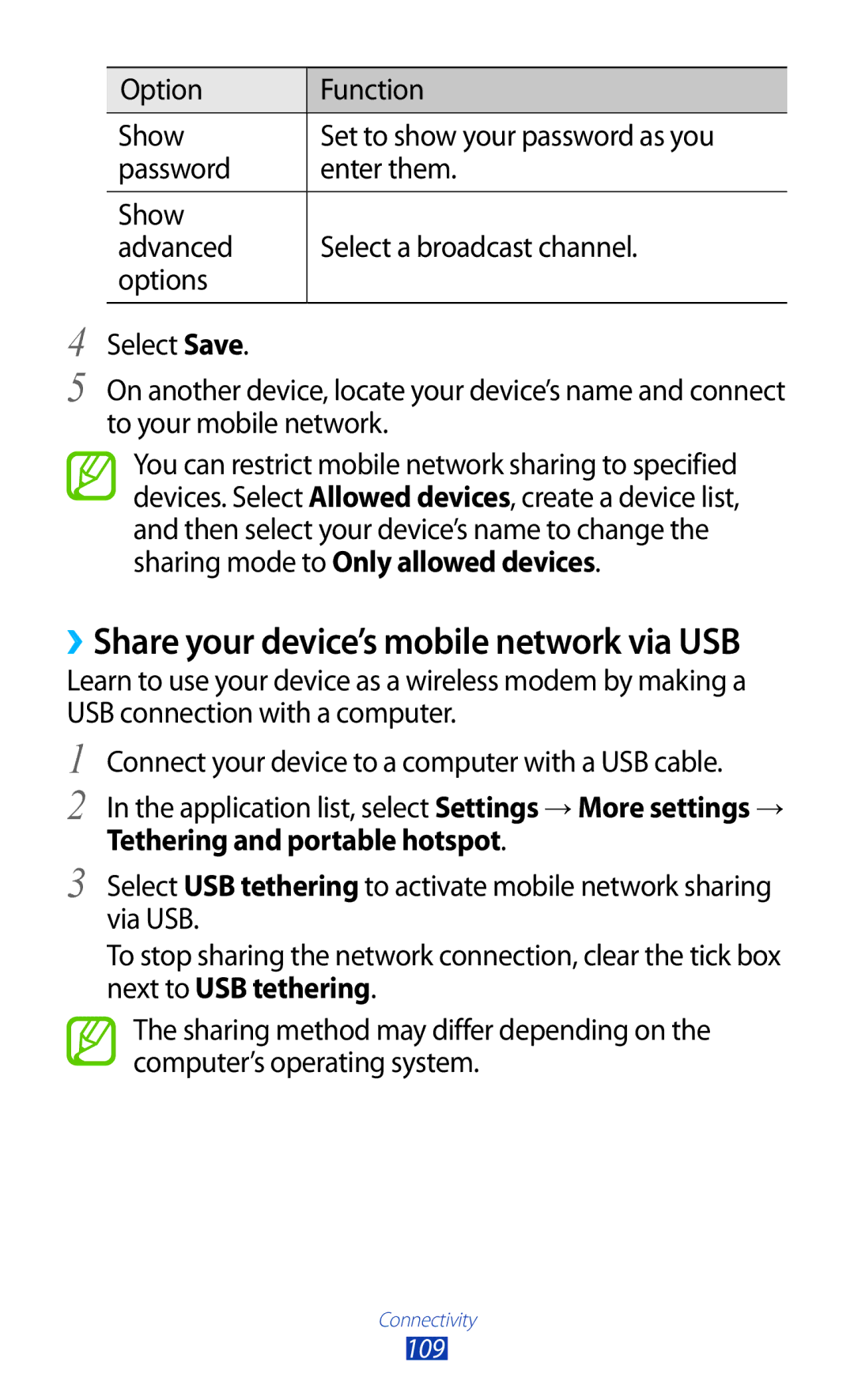 Samsung GT-P3100ZWAXEZ, GT-P3100TSAVD2 manual ››Share your device’s mobile network via USB, Tethering and portable hotspot 