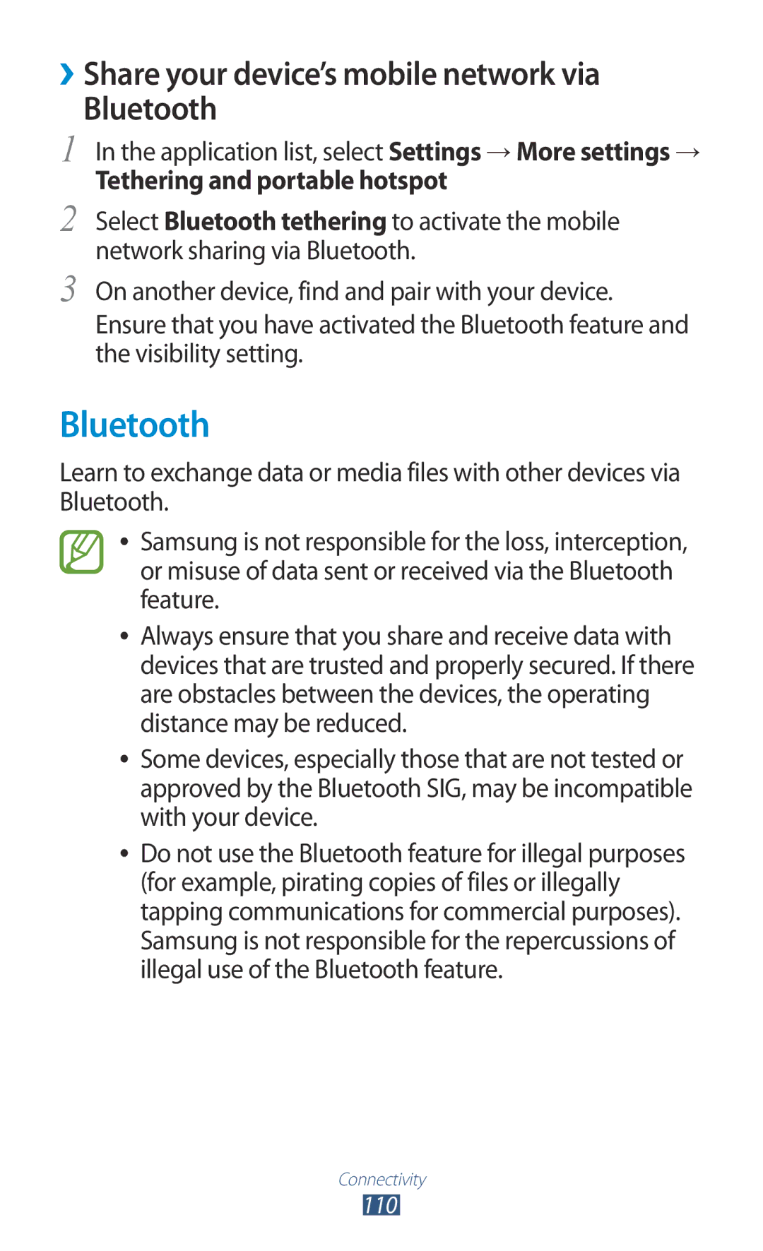 Samsung GT-P3100TSEXEZ, GT-P3100TSAVD2, GT-P3100ZWAHUI manual ››Share your device’s mobile network via Bluetooth 