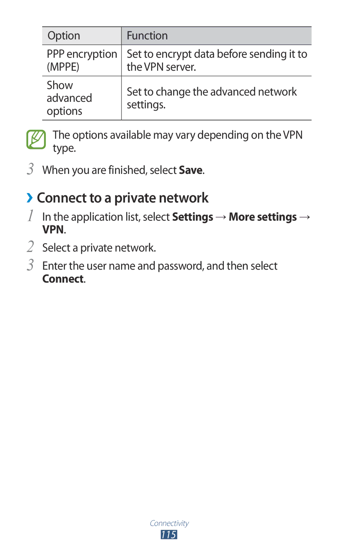 Samsung GT-P3100TSEVGR, GT-P3100TSAVD2, GT-P3100ZWAHUI, GT-P3100ZWFDBT manual ››Connect to a private network, VPN server 