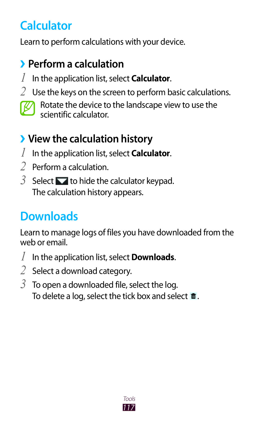 Samsung GT-P3100TSESER, GT-P3100TSAVD2 manual Calculator, Downloads, ››Perform a calculation, ››View the calculation history 