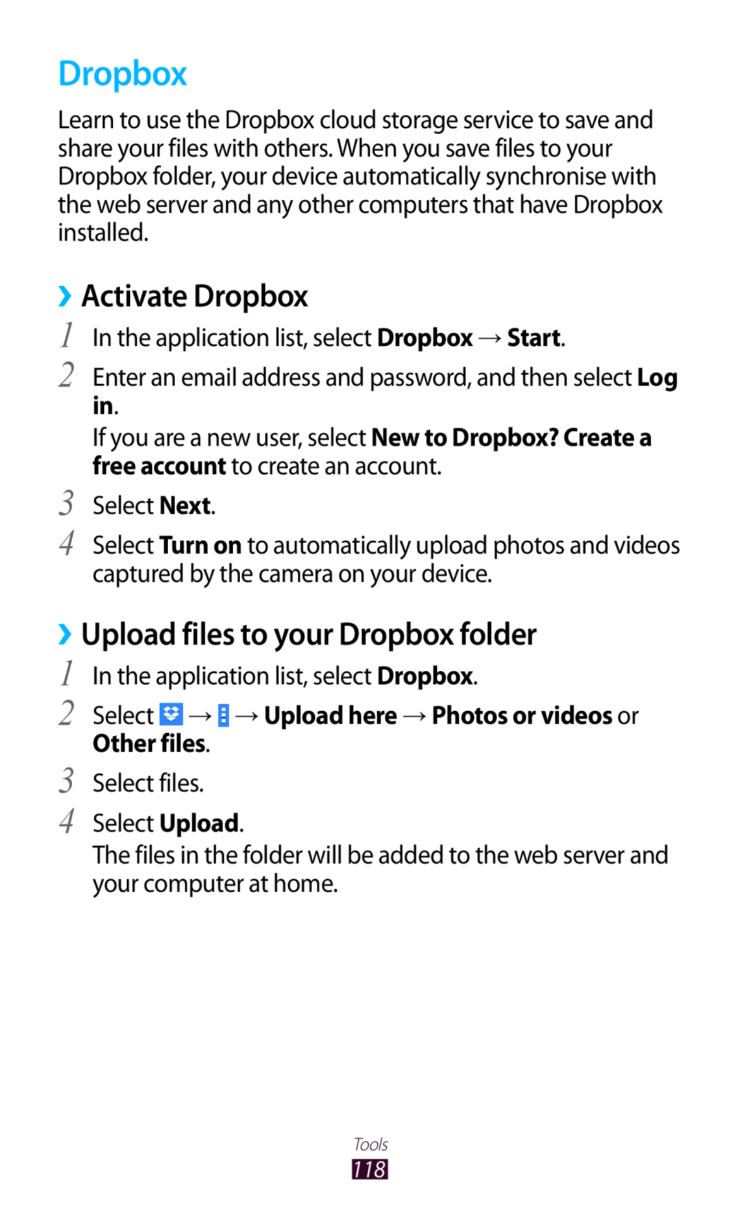 Samsung GT-P3100GRASER, GT-P3100TSAVD2 manual ››Activate Dropbox, Upload files to your Dropbox folder, Other files 
