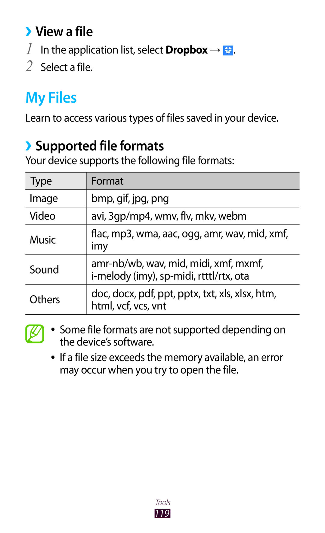 Samsung GT-P3100GRZSER, GT-P3100TSAVD2, GT-P3100ZWAHUI, GT-P3100ZWFDBT My Files, ››View a file, ››Supported file formats 