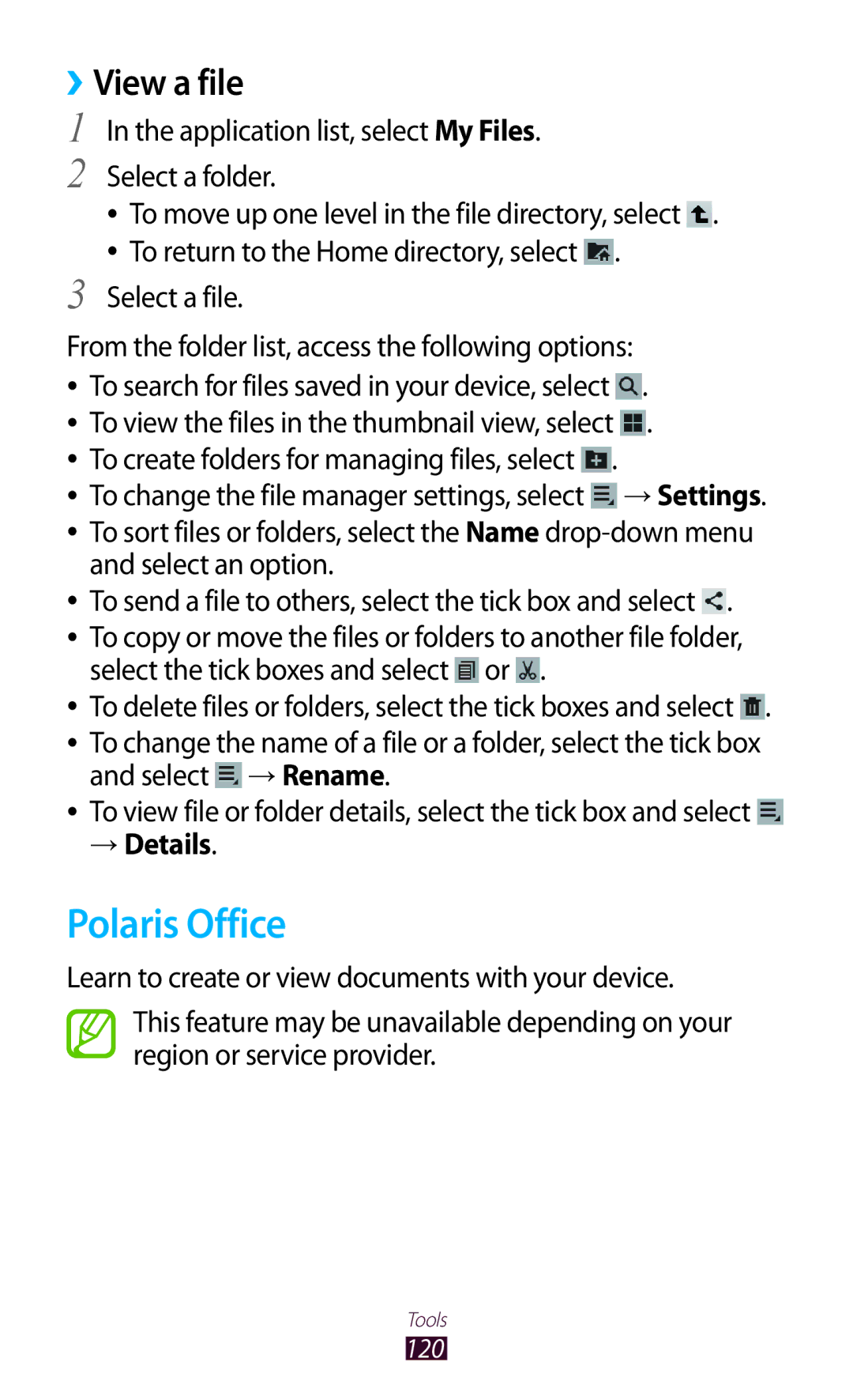 Samsung GT-P3100TSVSER, GT-P3100TSAVD2, GT-P3100ZWAHUI, GT-P3100ZWFDBT Polaris Office, Select the tick boxes and select or 