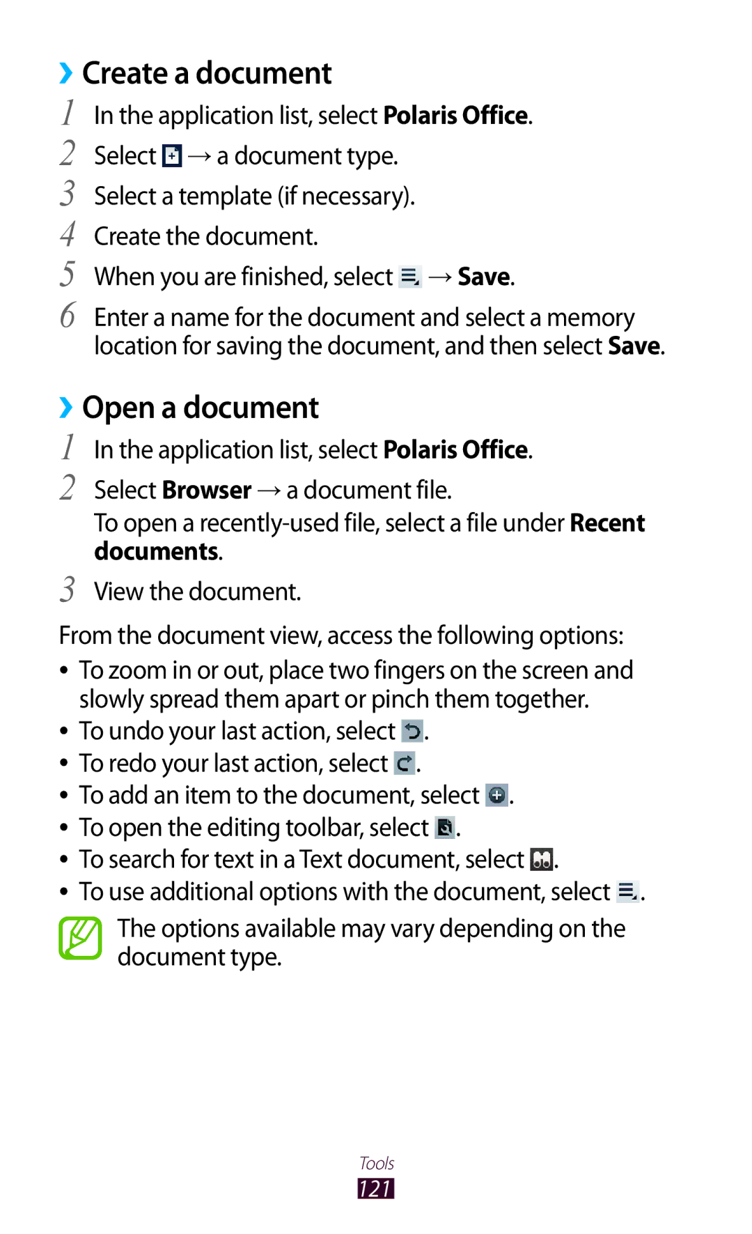 Samsung GT-P3100TSASER, GT-P3100TSAVD2, GT-P3100ZWAHUI, GT-P3100ZWFDBT manual Create a document, Open a document, Documents 