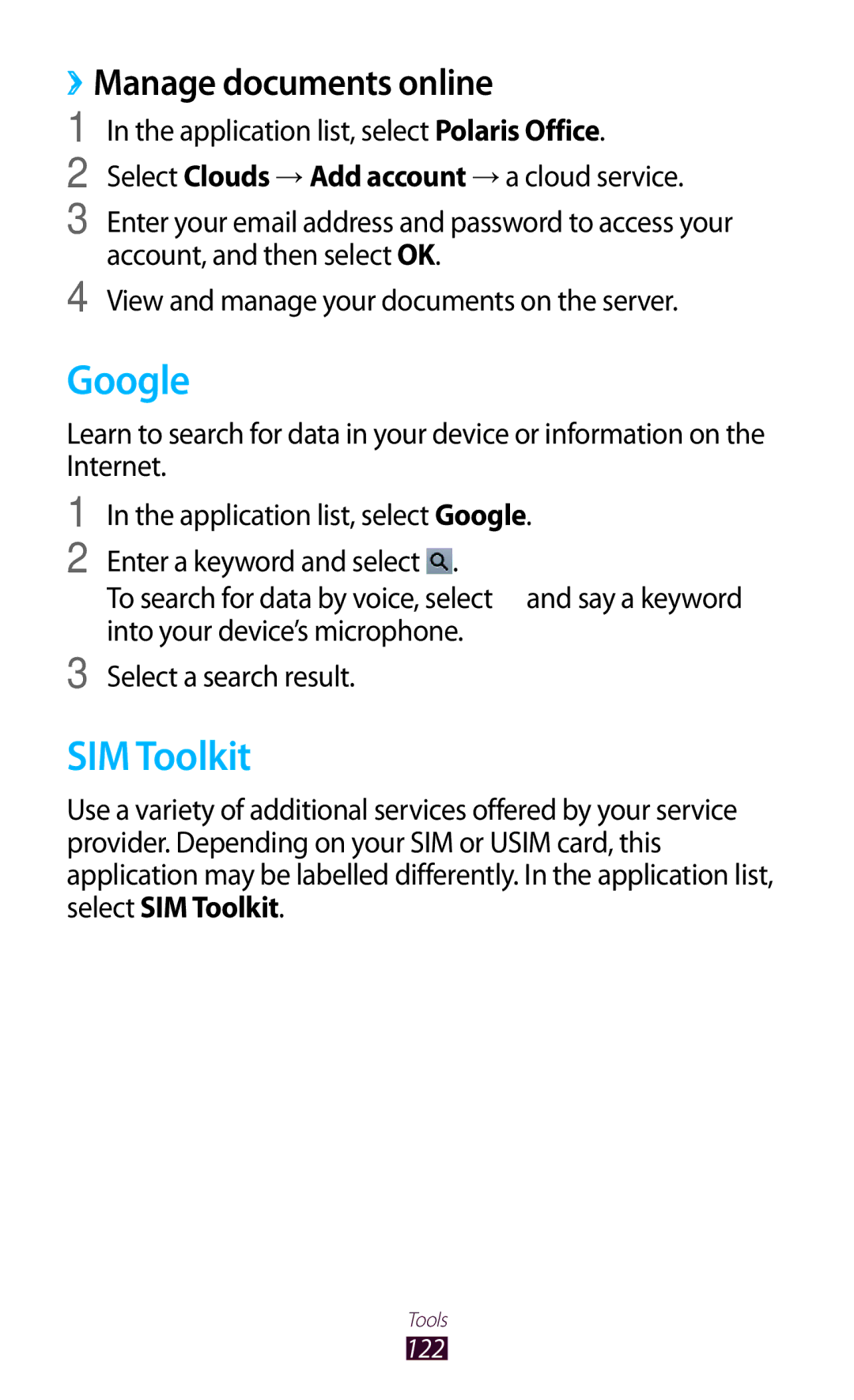 Samsung GT-P3100ZWESER, GT-P3100TSAVD2, GT-P3100ZWAHUI, GT-P3100ZWFDBT manual Google, SIM Toolkit, ››Manage documents online 