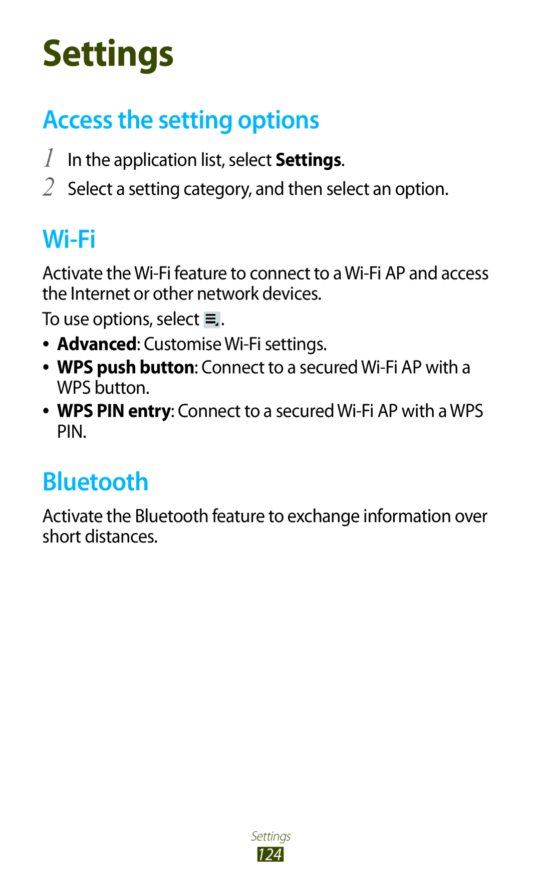 Samsung GT-P3100TSFSER, GT-P3100TSAVD2, GT-P3100ZWAHUI, GT-P3100ZWFDBT, GT-P3100TSFDBT Settings, Access the setting options 