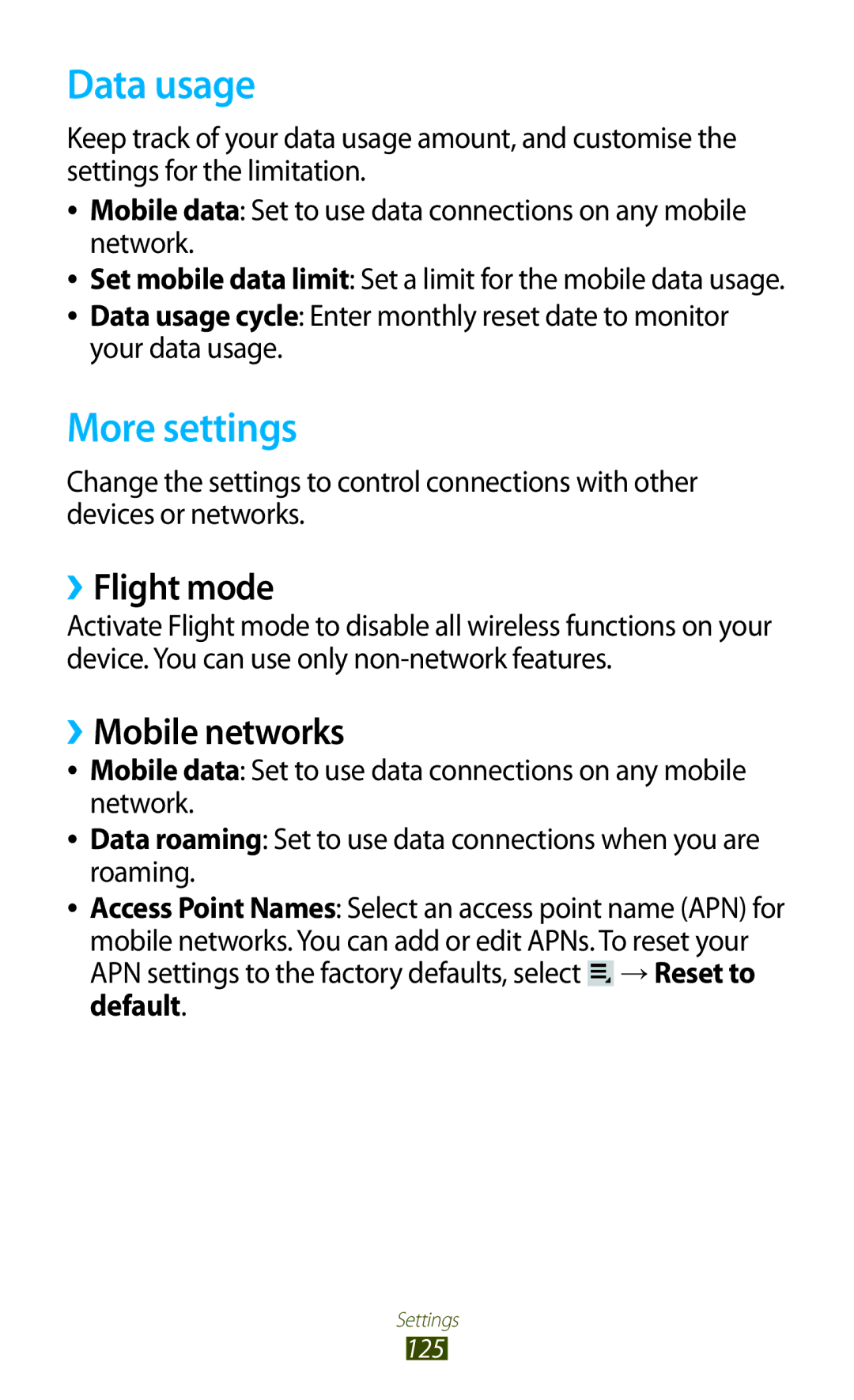 Samsung GT-P3100GRVSER, GT-P3100TSAVD2, GT-P3100ZWAHUI manual Data usage, More settings, ››Flight mode, ››Mobile networks 