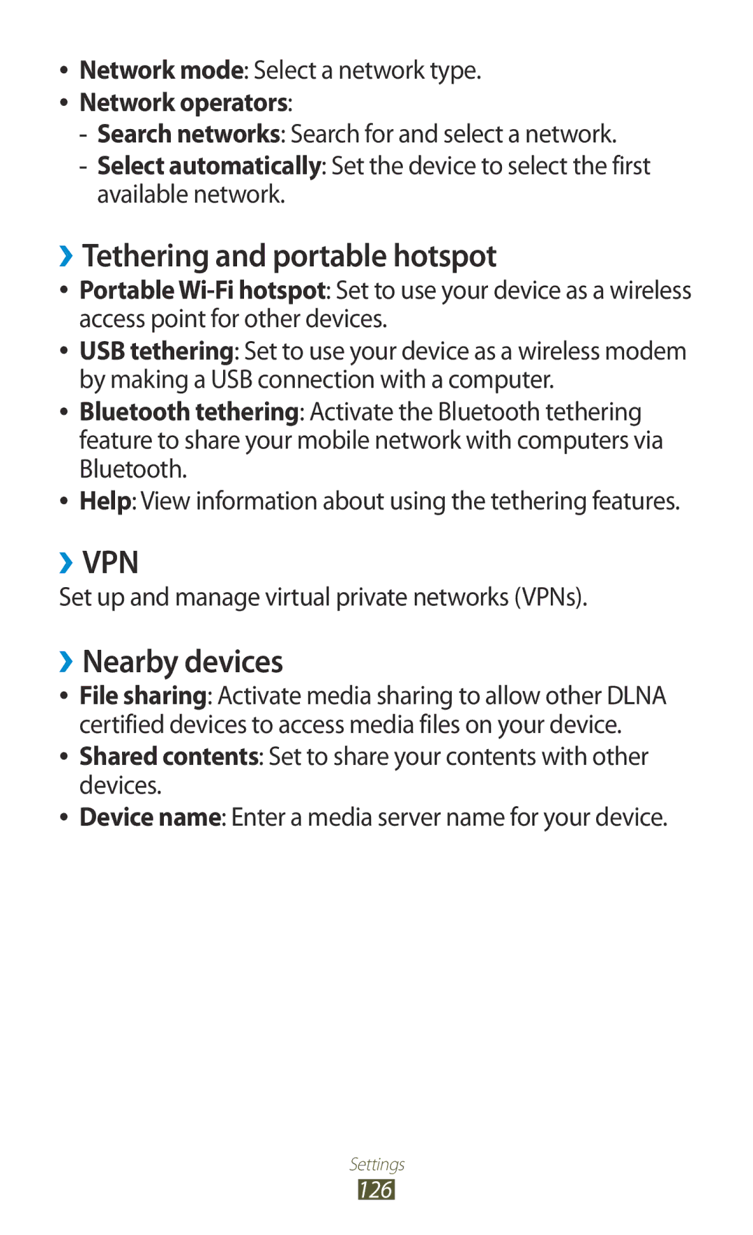 Samsung GT-P3100ZWASER manual ››Tethering and portable hotspot, ››Nearby devices, Network mode Select a network type 