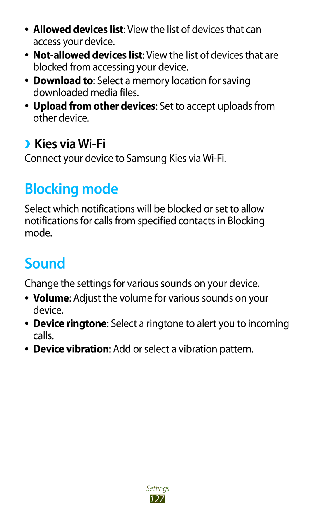 Samsung GT-P3100TSAVD2 manual Blocking mode, Sound, ››Kies via Wi-Fi, Connect your device to Samsung Kies via Wi-Fi 