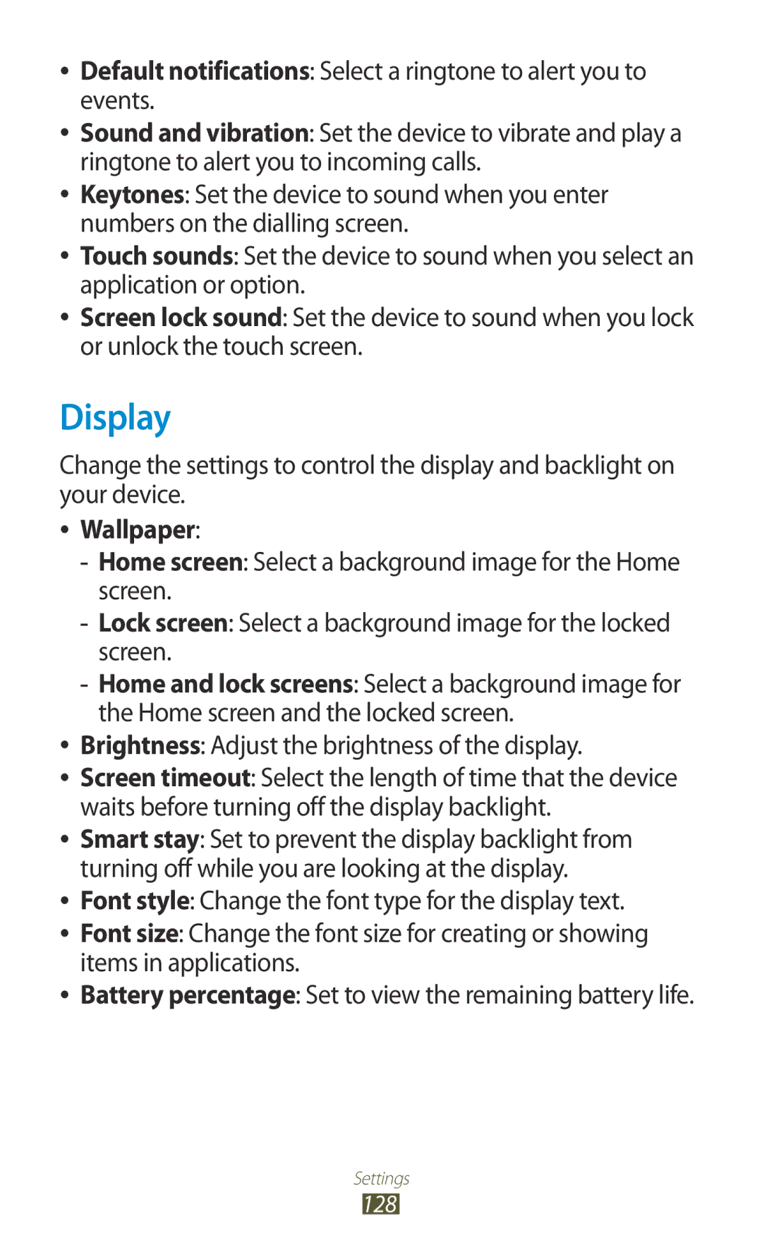 Samsung GT-P3100ZWAHUI, GT-P3100TSAVD2, GT-P3100ZWFDBT, GT-P3100TSFDBT, GT-P3100TSAXEO, GT-P3100ZWETPH manual Display, Wallpaper 