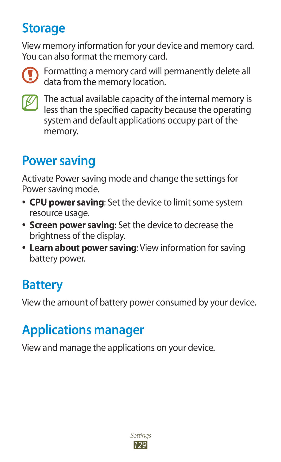 Samsung GT-P3100ZWFDBT, GT-P3100TSAVD2, GT-P3100ZWAHUI, GT-P3100TSFDBT Storage, Power saving, Battery, Applications manager 