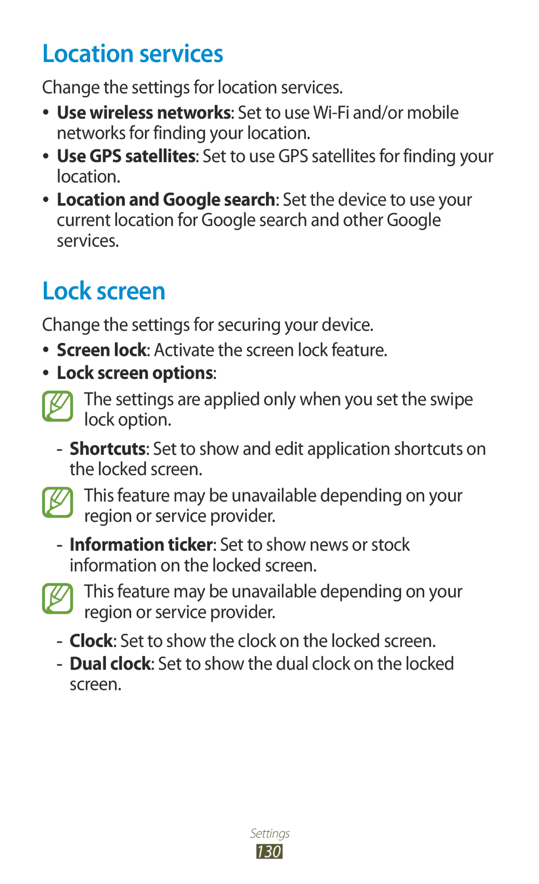 Samsung GT-P3100TSFDBT, GT-P3100TSAVD2 manual Location services, Lock screen, Change the settings for location services 