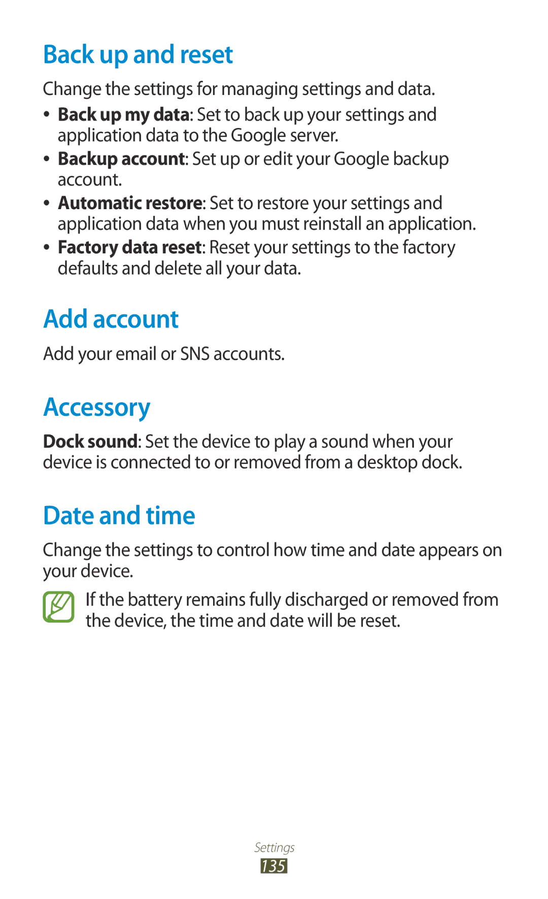 Samsung GT-P3100TSAATO, GT-P3100TSAVD2, GT-P3100ZWAHUI manual Back up and reset, Add account, Accessory, Date and time 