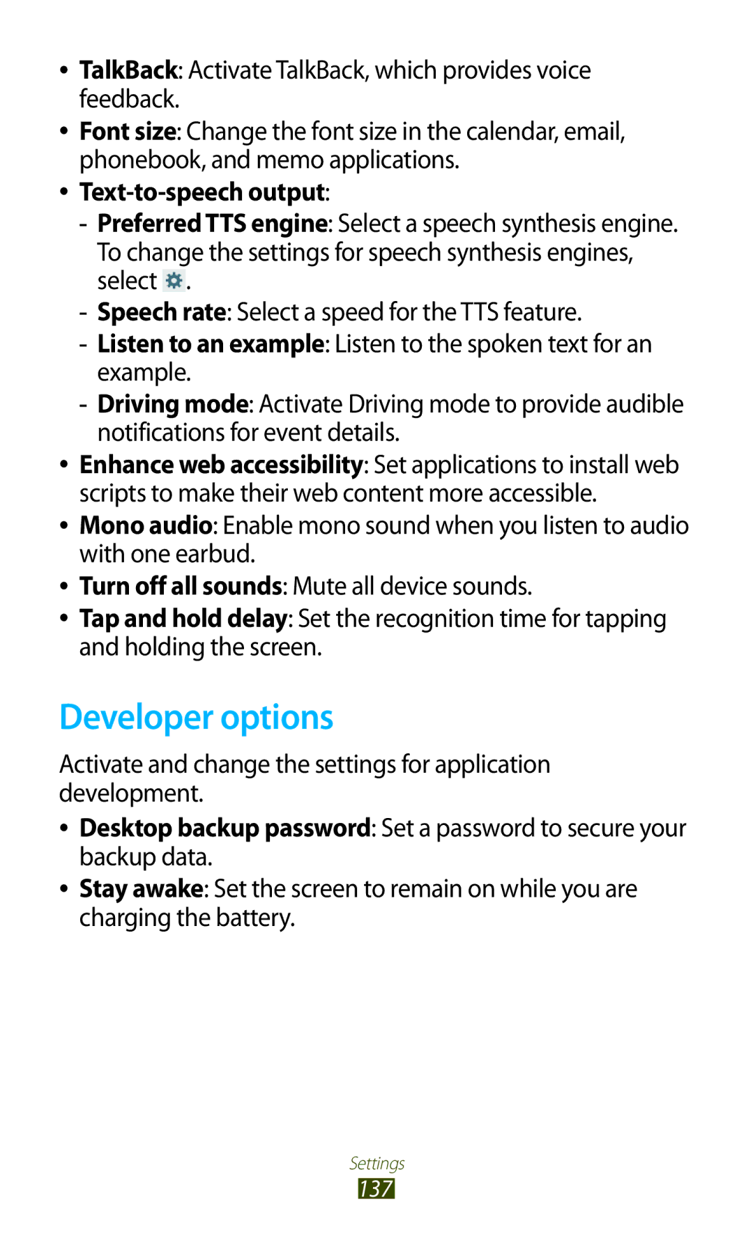 Samsung GT-P3100TSETPH, GT-P3100TSAVD2, GT-P3100ZWAHUI, GT-P3100ZWFDBT manual Developer options, Text-to-speech output 