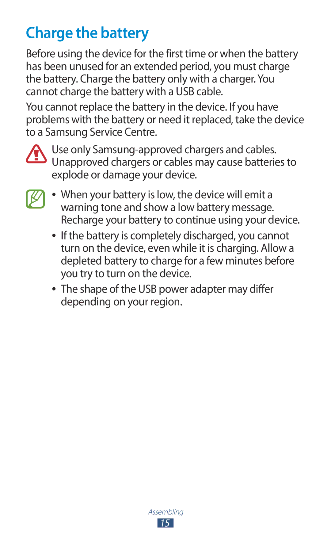 Samsung GT-P3100TSEAUT, GT-P3100TSAVD2, GT-P3100ZWAHUI, GT-P3100ZWFDBT, GT-P3100TSFDBT, GT-P3100TSAXEO manual Charge the battery 