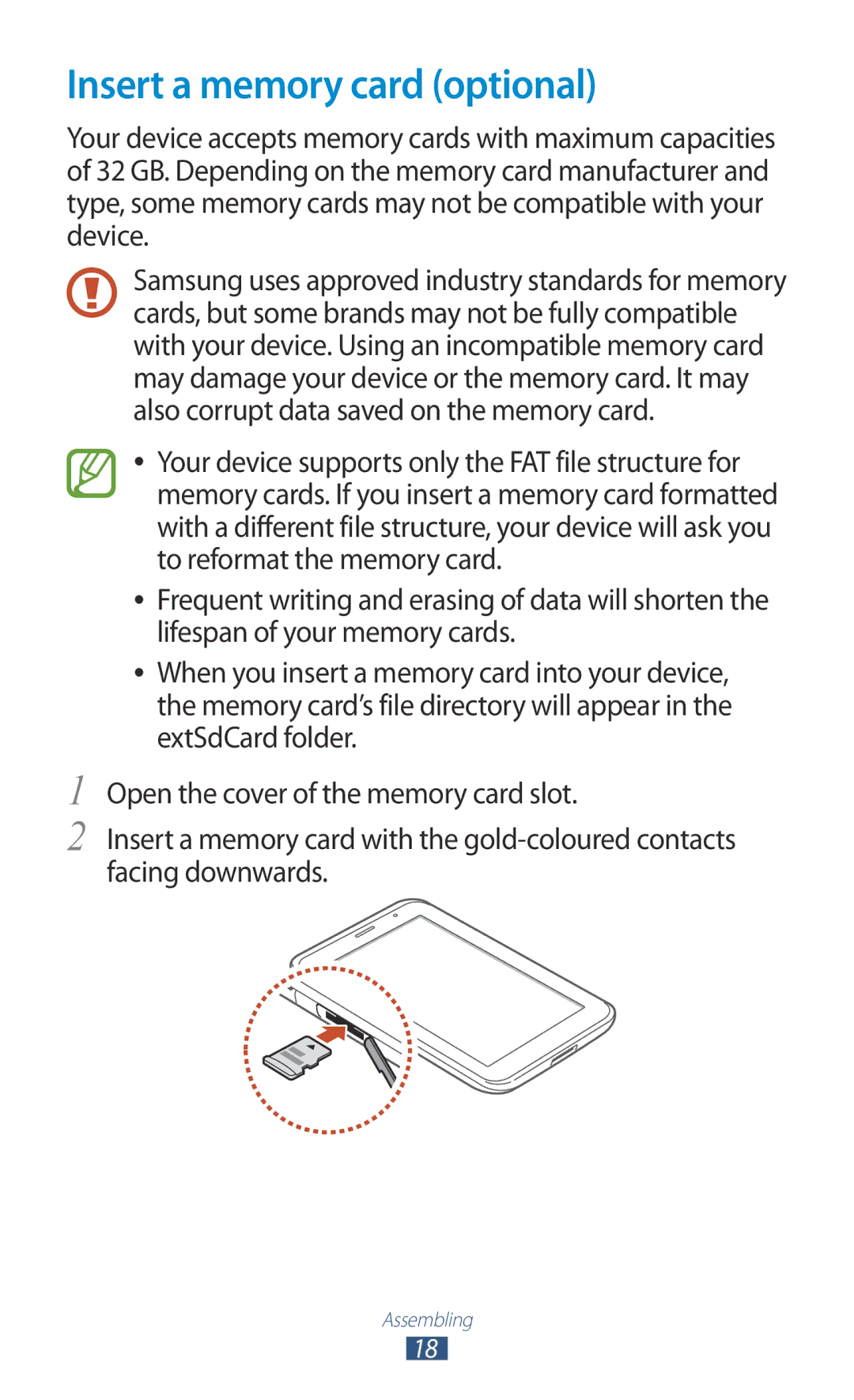 Samsung GT-P3100ZWAITV, GT-P3100TSAVD2, GT-P3100ZWAHUI, GT-P3100ZWFDBT, GT-P3100TSFDBT manual Insert a memory card optional 