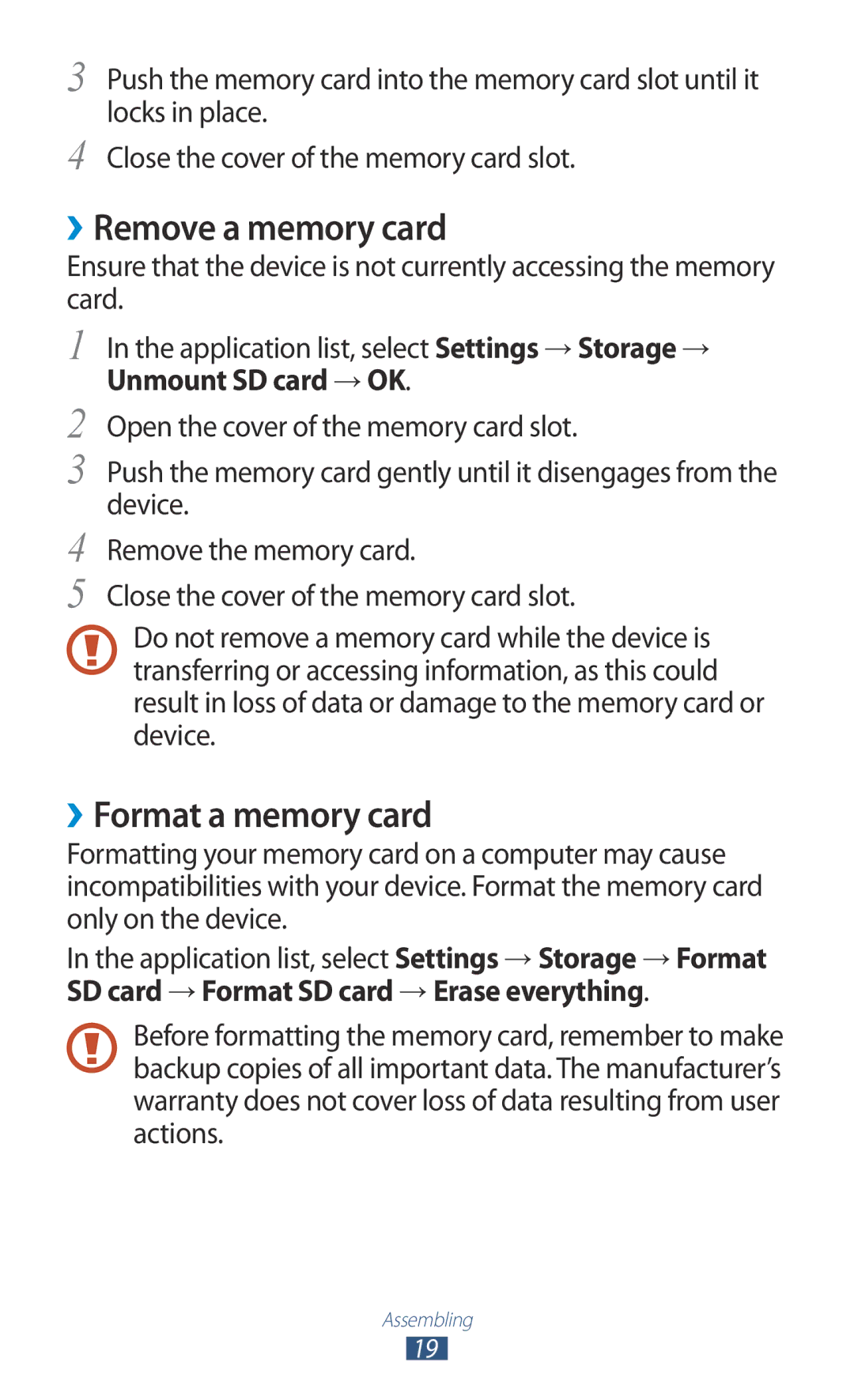 Samsung GT-P3100TSEVD2, GT-P3100TSAVD2, GT-P3100ZWAHUI ››Remove a memory card, ››Format a memory card, Unmount SD card → OK 