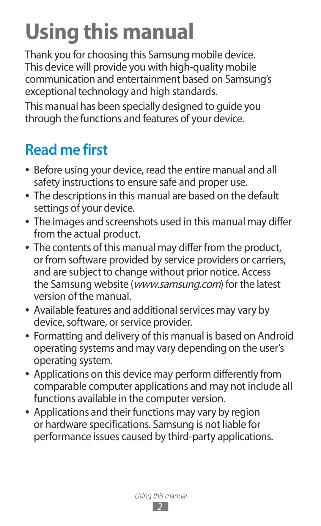 Samsung GT-P3100ZWFDBT, GT-P3100TSAVD2, GT-P3100ZWAHUI, GT-P3100TSFDBT, GT-P3100TSAXEO Using this manual, Read me first 