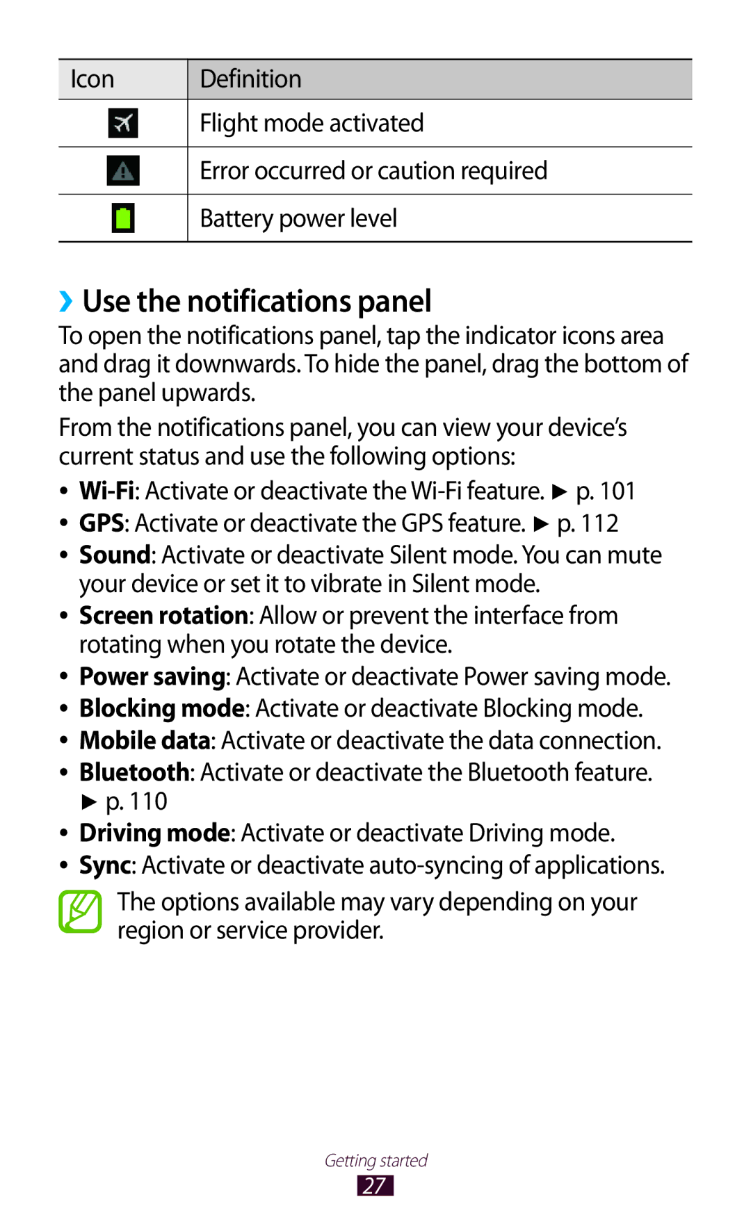 Samsung GT-P3100ZWASFR, GT-P3100TSAVD2, GT-P3100ZWAHUI, GT-P3100ZWFDBT, GT-P3100TSFDBT manual ››Use the notifications panel 