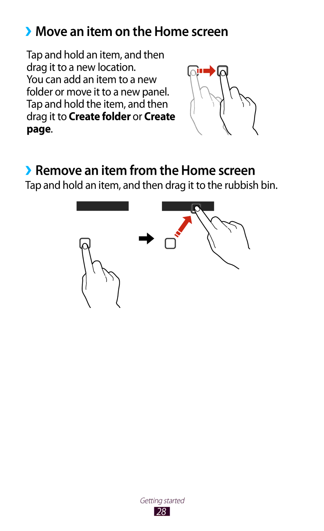 Samsung GT-P3100TSAXEF, GT-P3100TSAVD2 manual ››Move an item on the Home screen, ››Remove an item from the Home screen 