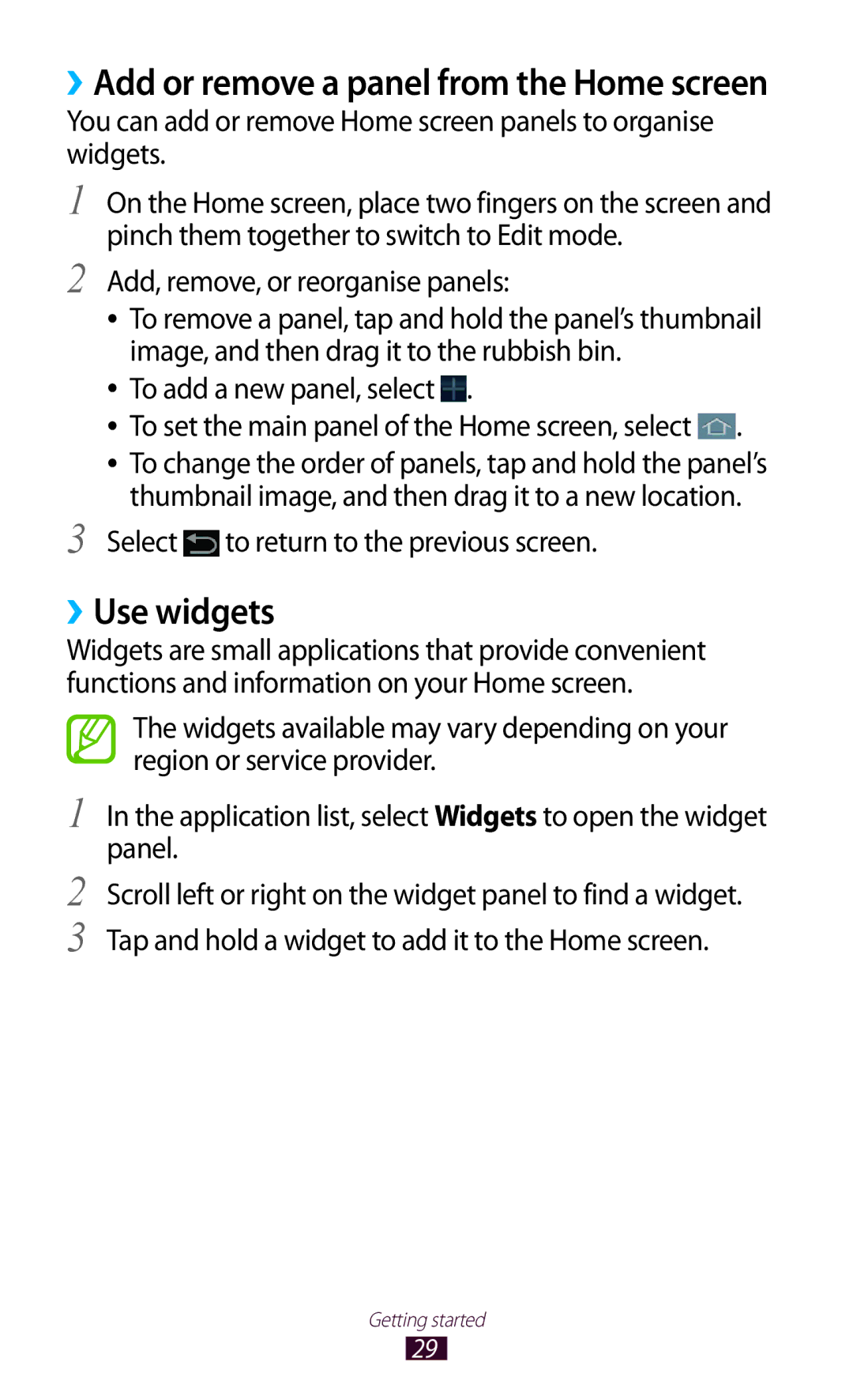 Samsung GT-P3100TSEFTM manual ››Use widgets, Add, remove, or reorganise panels, Select to return to the previous screen 