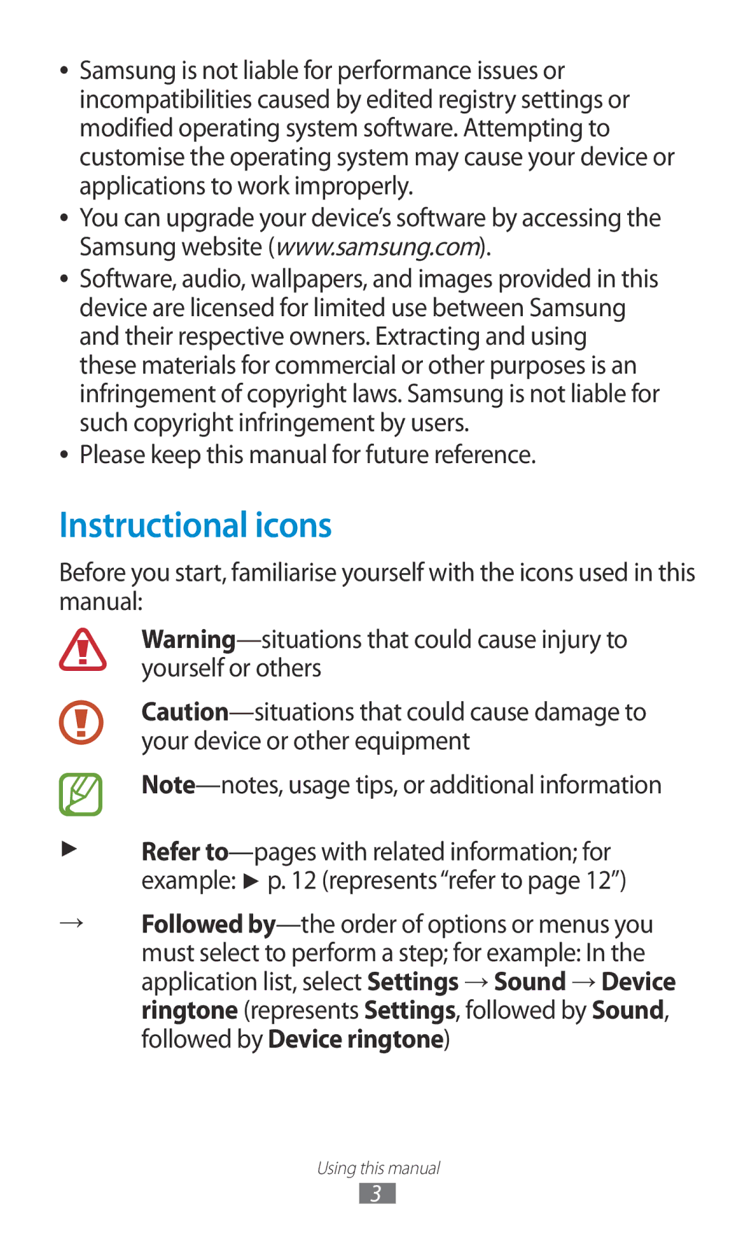 Samsung GT-P3100TSFDBT, GT-P3100TSAVD2, GT-P3100ZWAHUI Instructional icons, Please keep this manual for future reference 