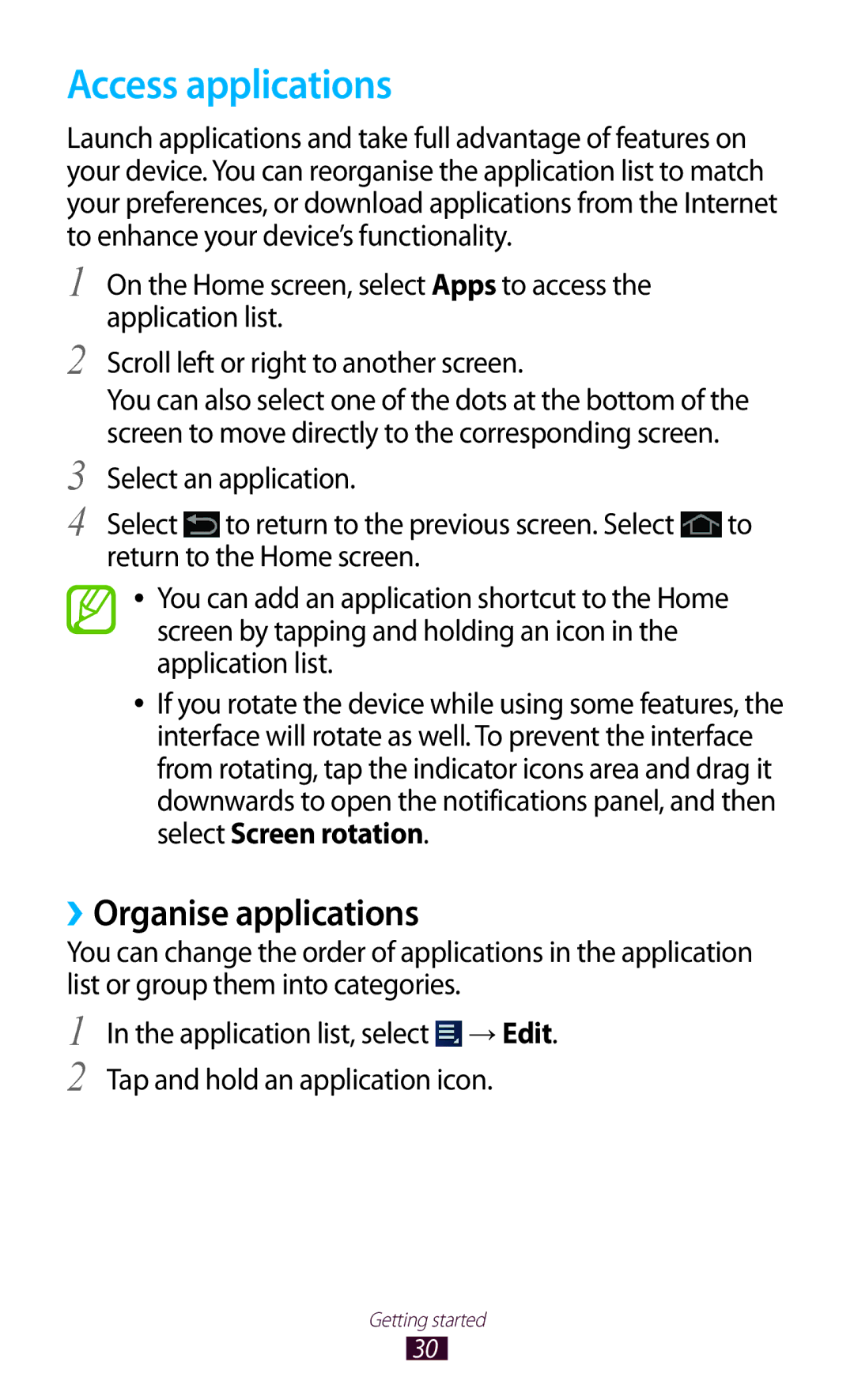 Samsung GT-P3100TSEBOG, GT-P3100TSAVD2, GT-P3100ZWAHUI, GT-P3100ZWFDBT manual Access applications, ››Organise applications 