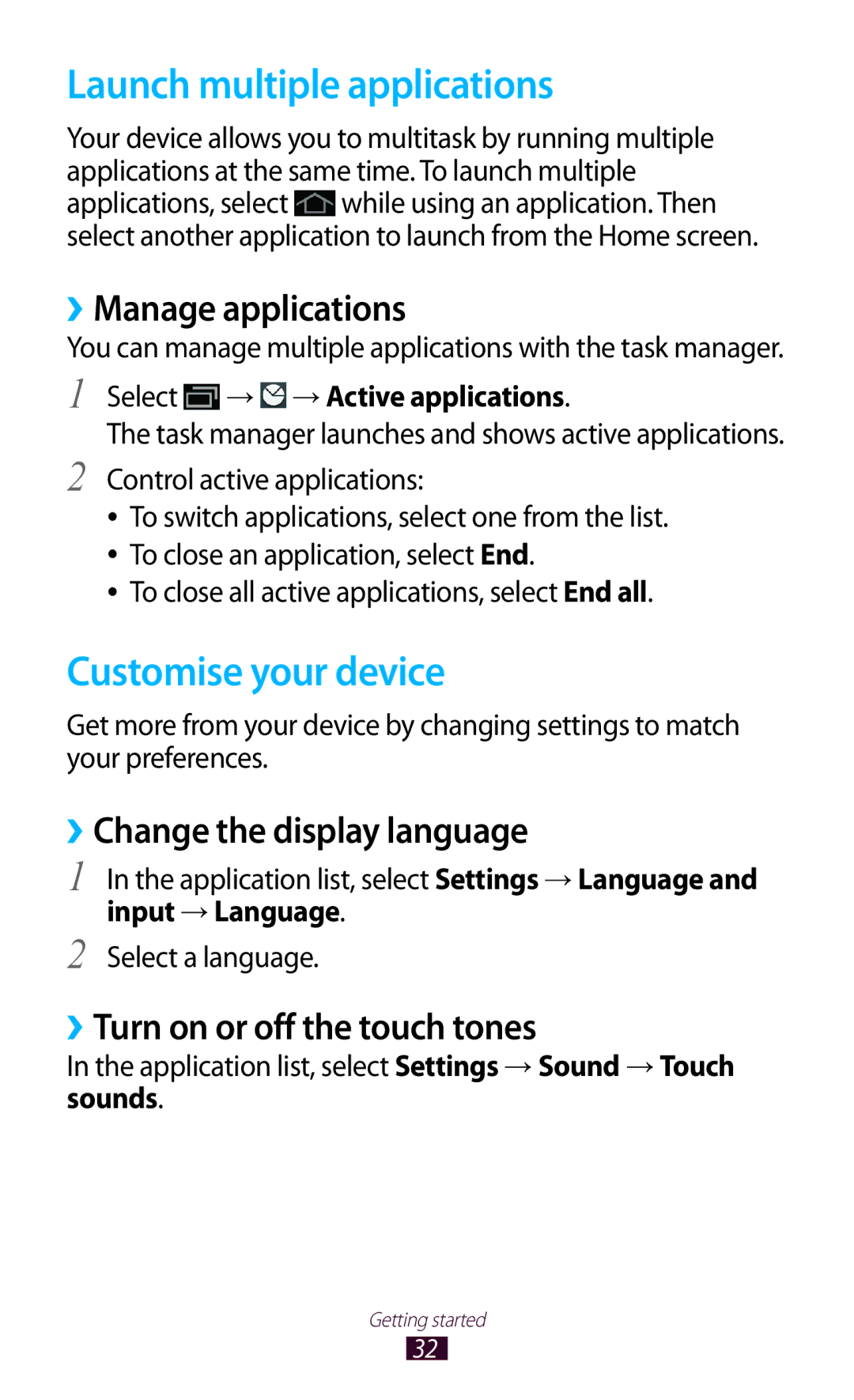 Samsung GT-P3100ZWAFTM, GT-P3100TSAVD2 manual Launch multiple applications, Customise your device, ››Manage applications 